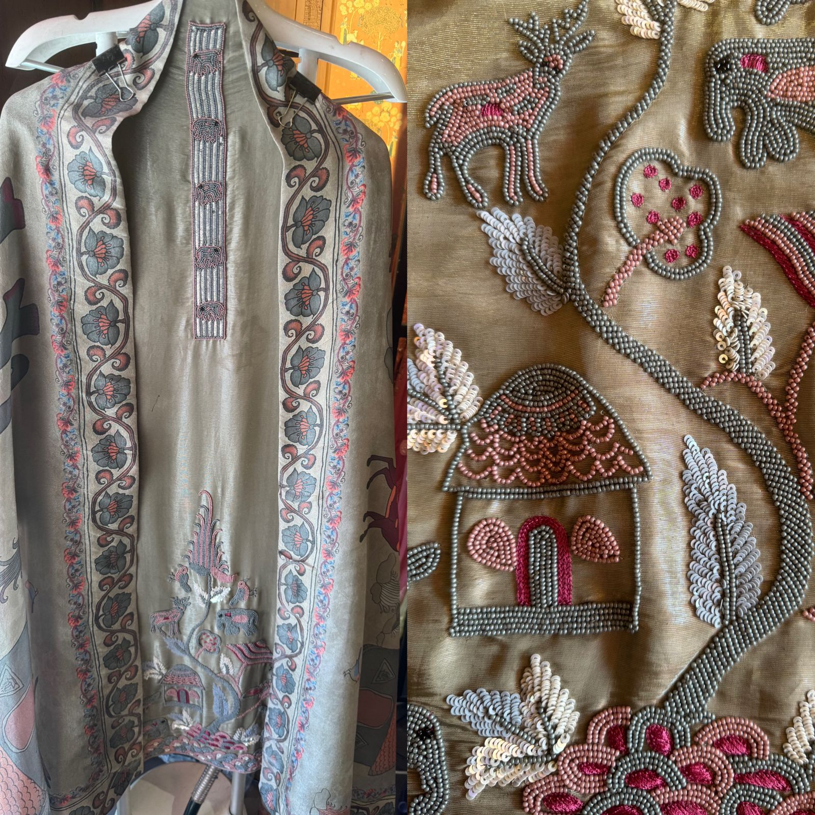 Soft tissue Unstitched Shirt With very Neat handwork done on the neck Patti and The shirt front.