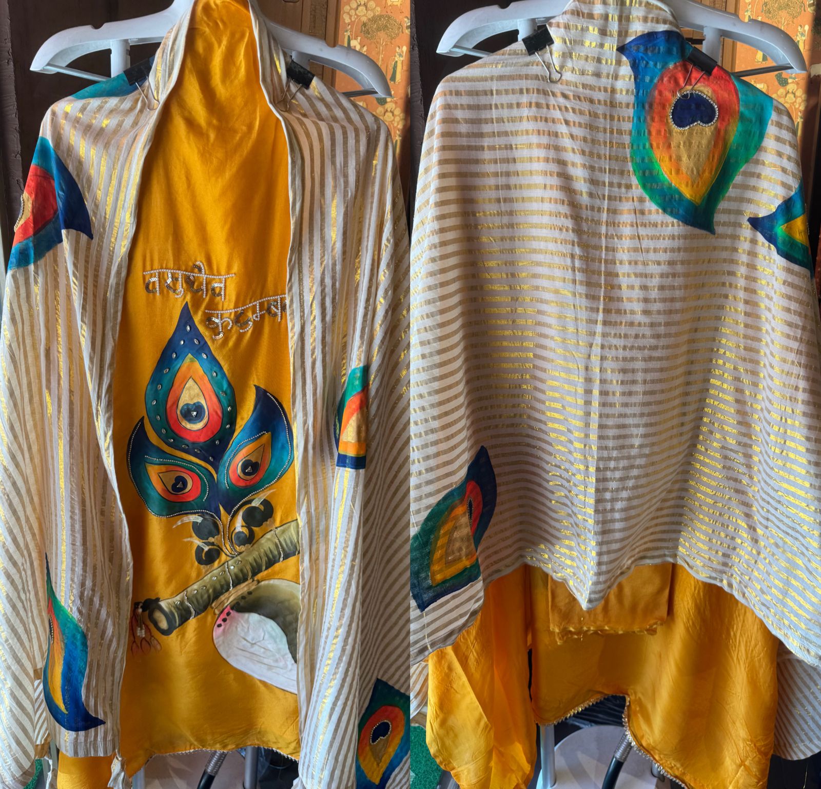 Mul silk unstitched Shirt with beautiful murli shankh design (Handpainted)