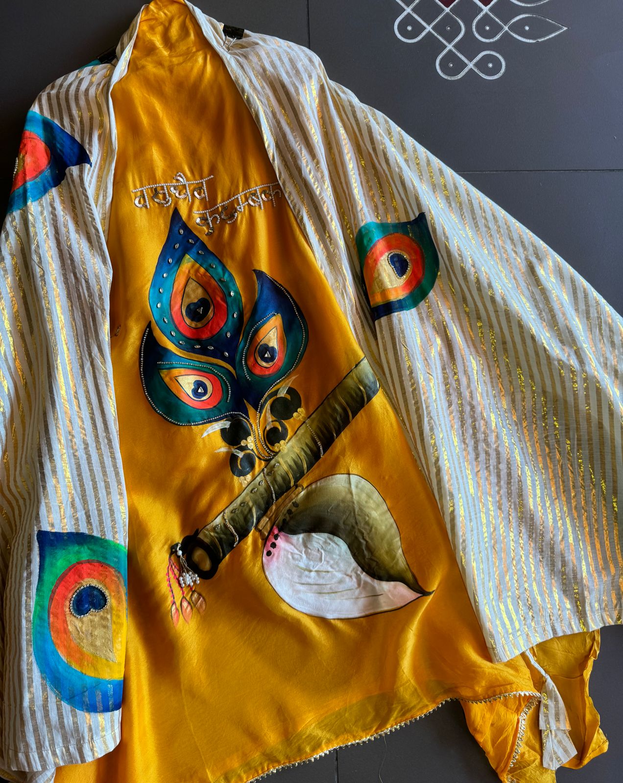 Mul silk unstitched Shirt with beautiful murli shankh design (Handpainted)