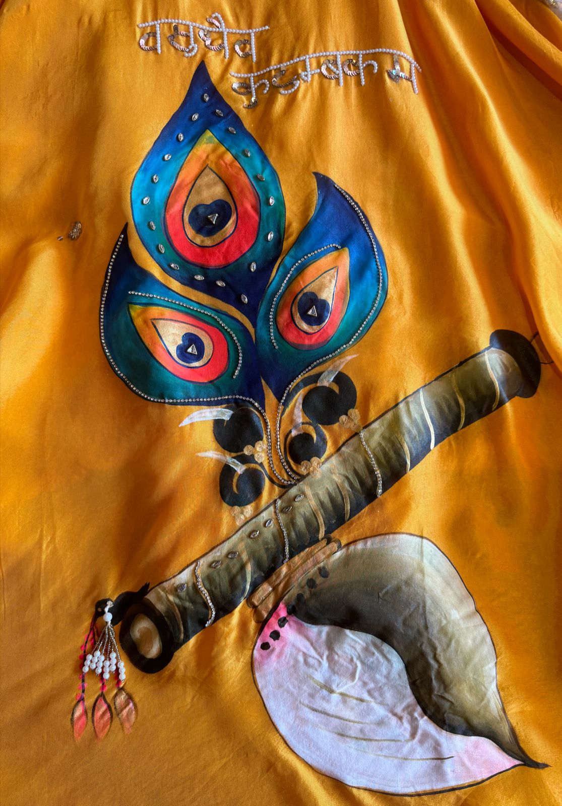 Mul silk unstitched Shirt with beautiful murli shankh design (Handpainted)