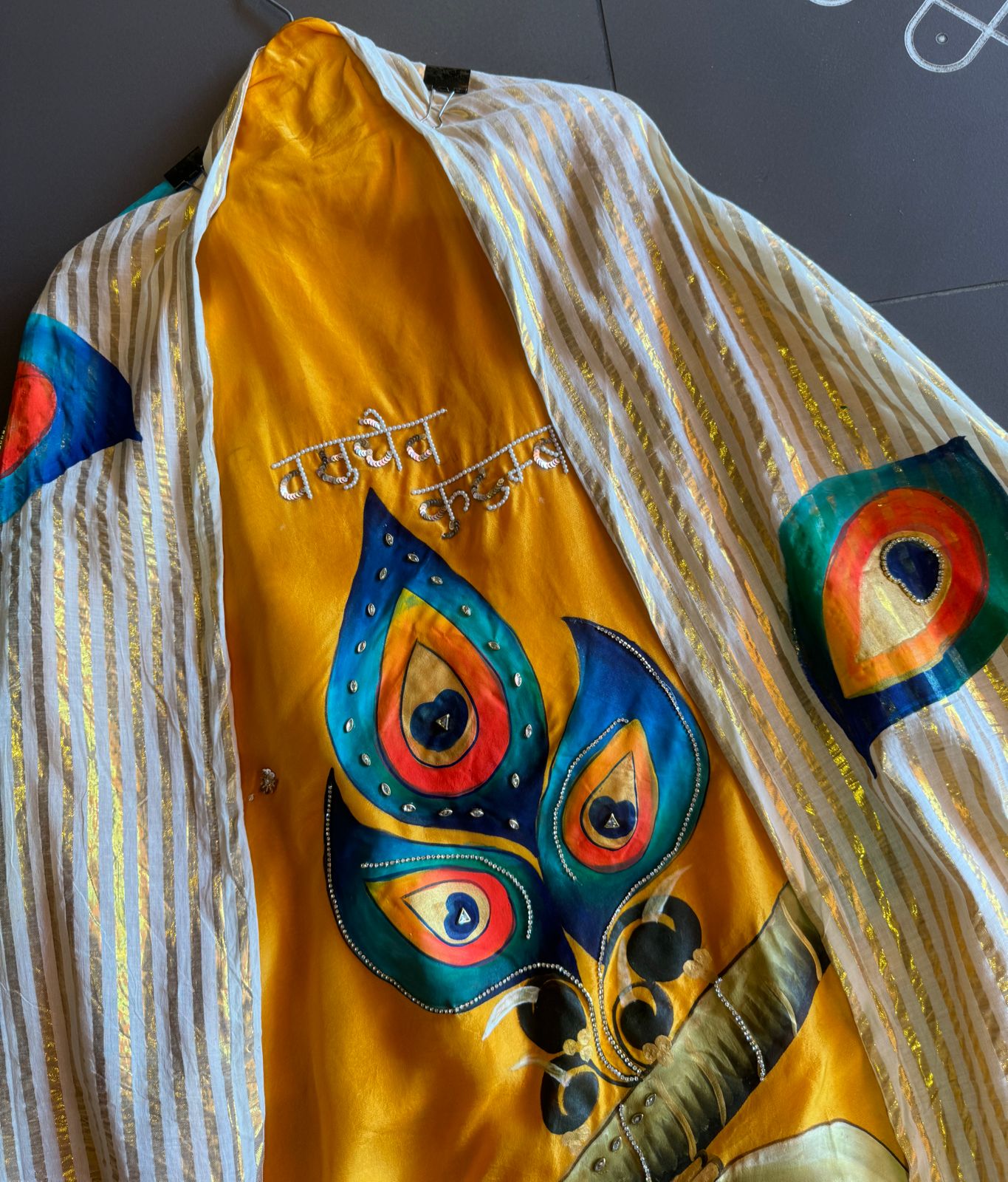 Mul silk unstitched Shirt with beautiful murli shankh design (Handpainted)