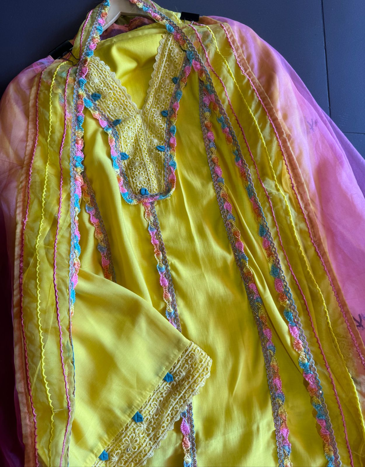 Soft muslin Shirt (Semi stitched) with coloured thread Lace attached on the front