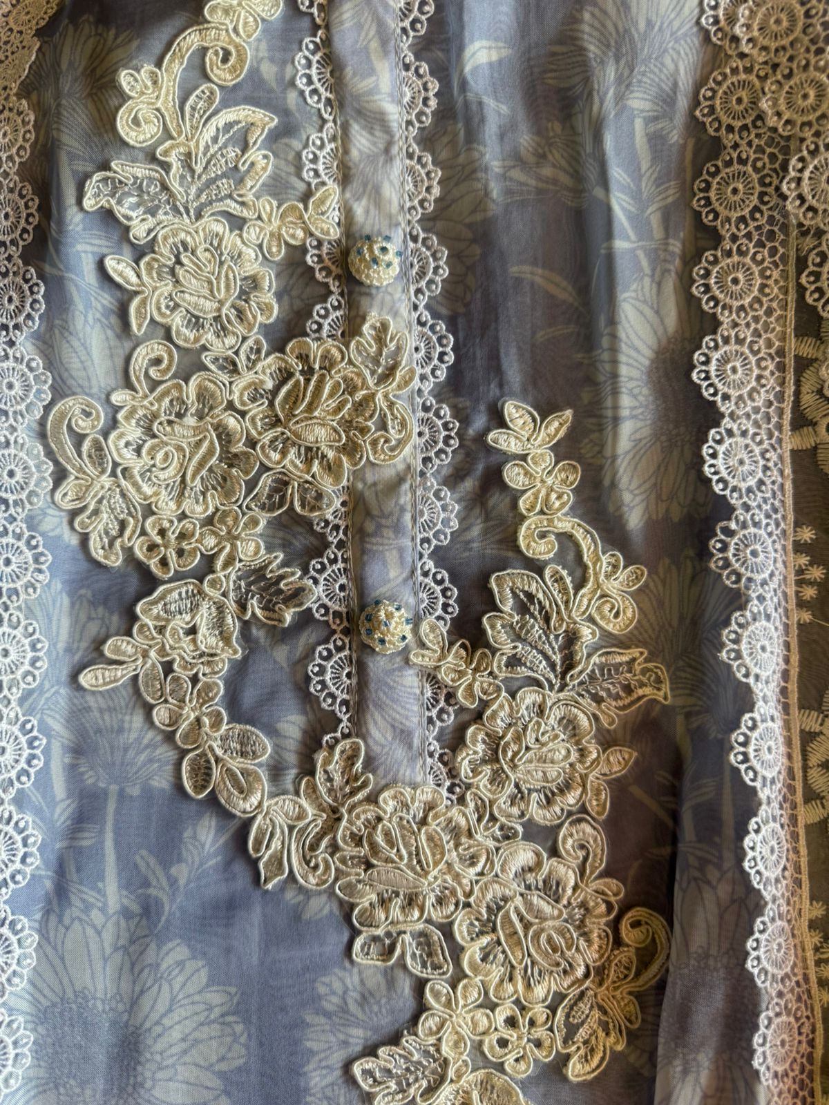 Pure soft organza digital printed shirt with very beautiful dori embroidery done