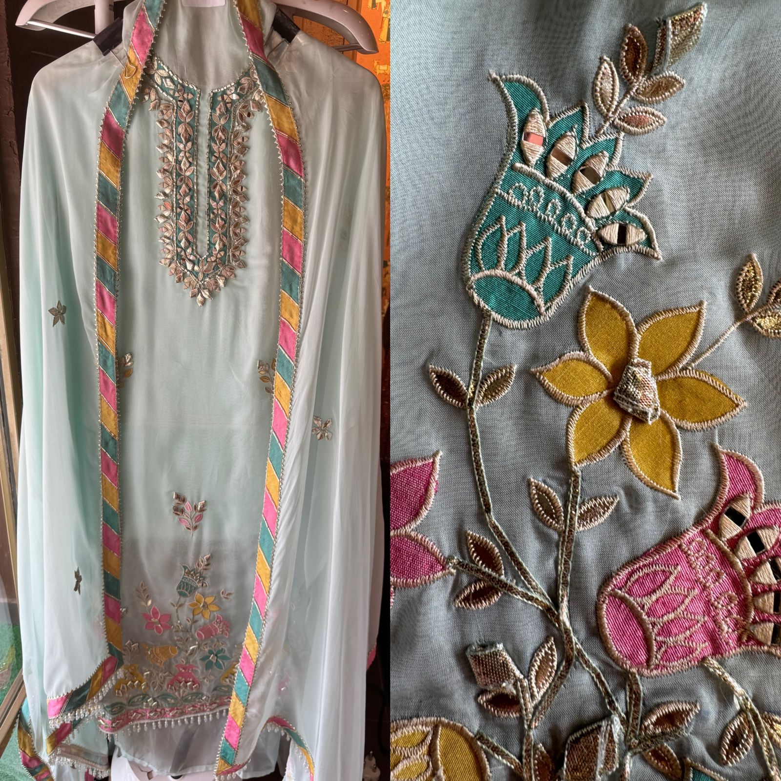 Soft organza Unstitched shirt Full on size with Very beautiful Neckwork done