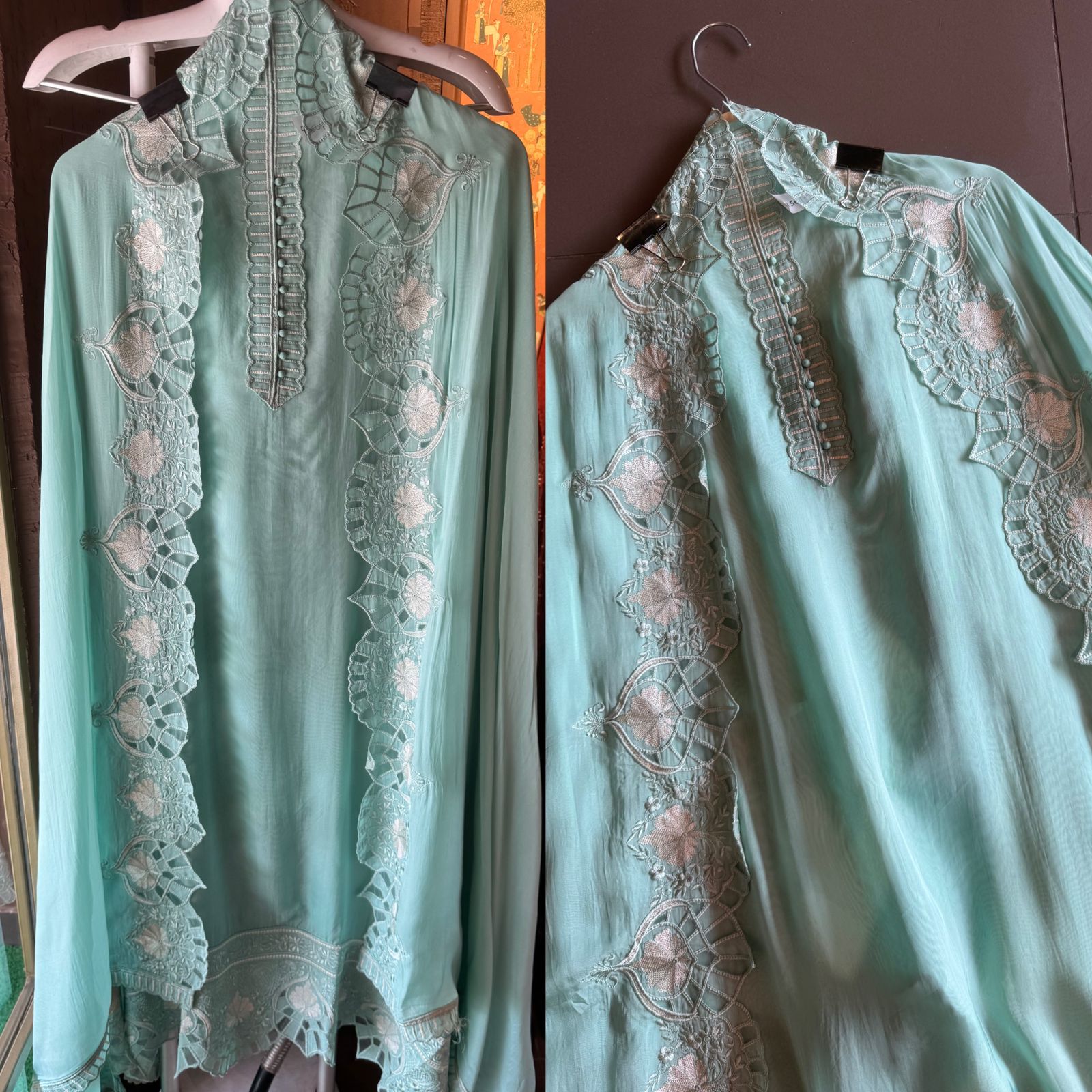 Soft organza unstitched Shirt with thread work neck Patti with button detailings