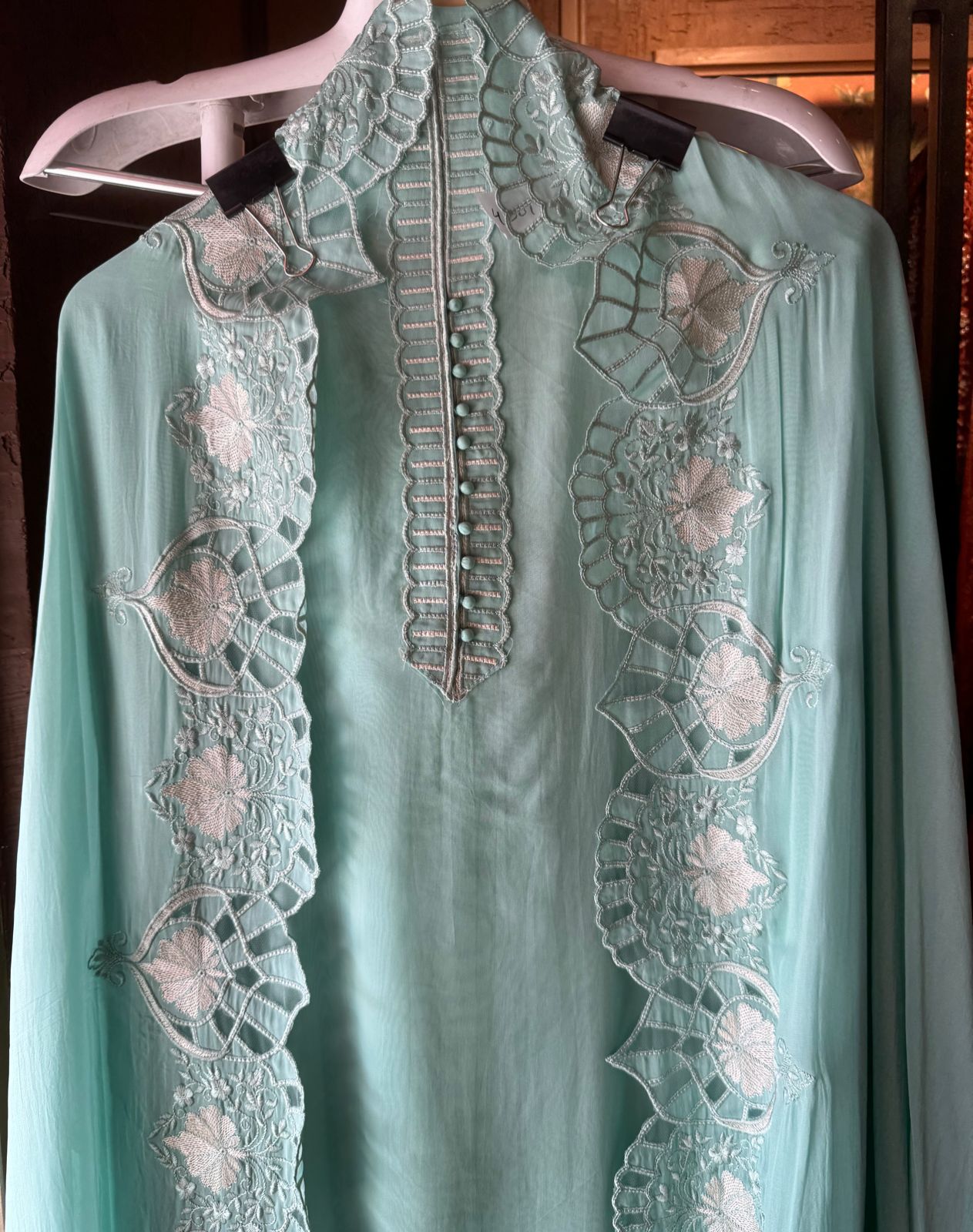 Soft organza unstitched Shirt with thread work neck Patti with button detailings