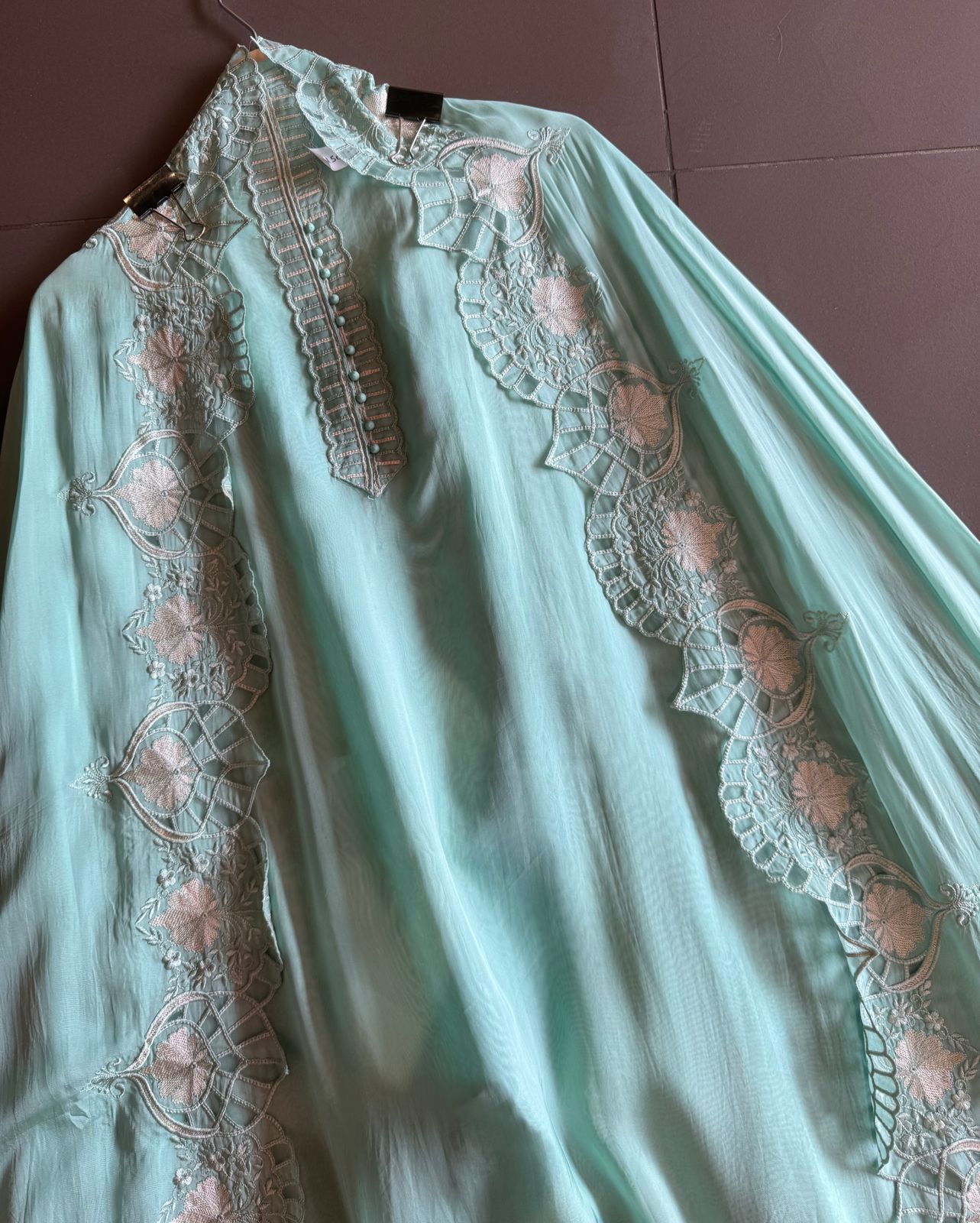 Soft organza unstitched Shirt with thread work neck Patti with button detailings