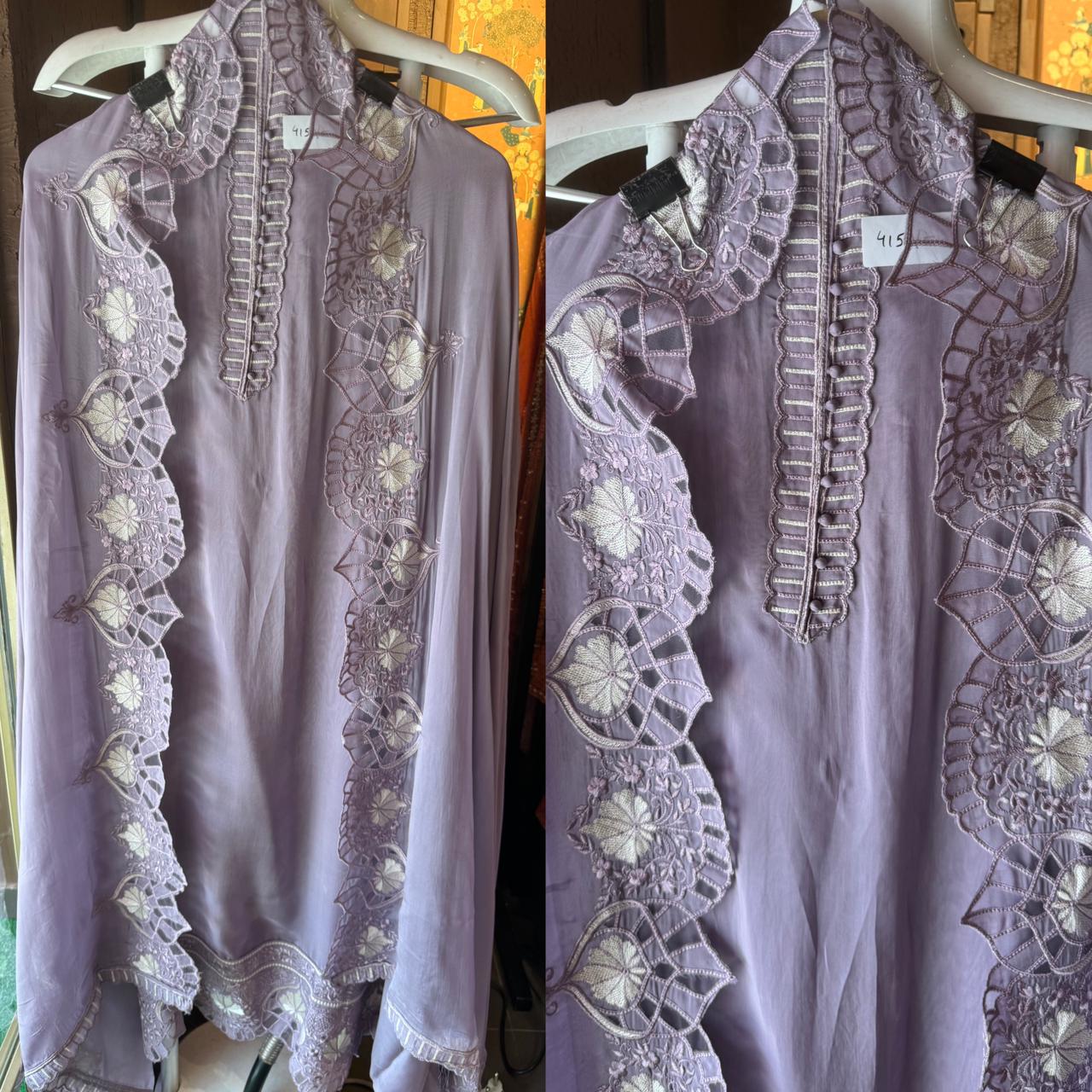 Soft organza unstitched Shirt with thread work neck Patti with button detailings