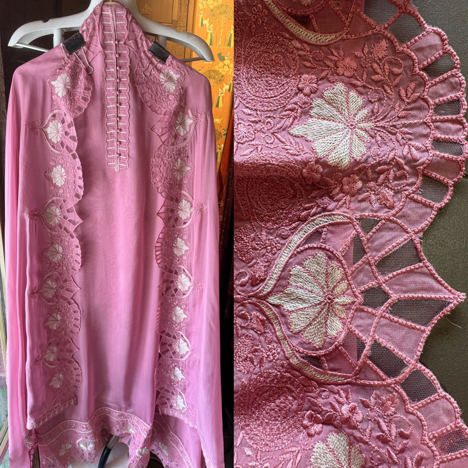 Soft organza unstitched Shirt with thread work neck Patti with button detailings