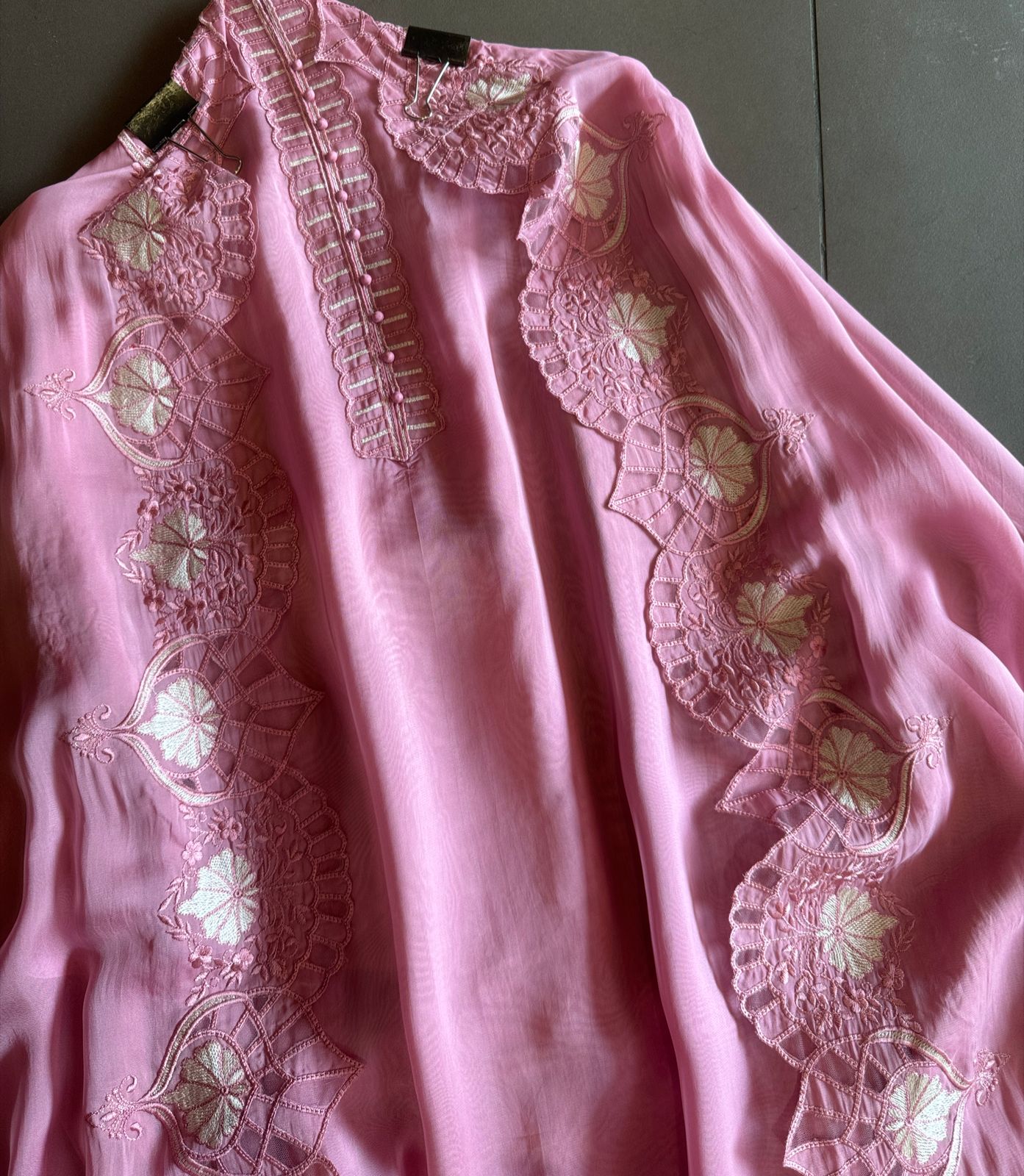 Soft organza unstitched Shirt with thread work neck Patti with button detailings