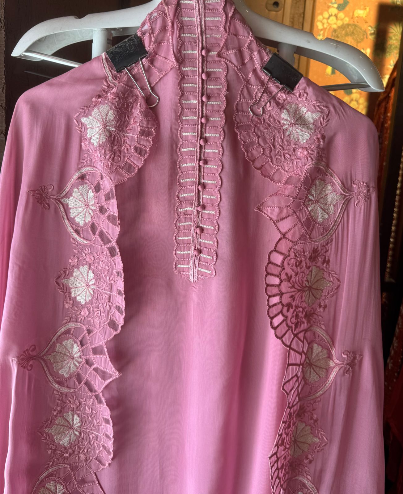 Soft organza unstitched Shirt with thread work neck Patti with button detailings