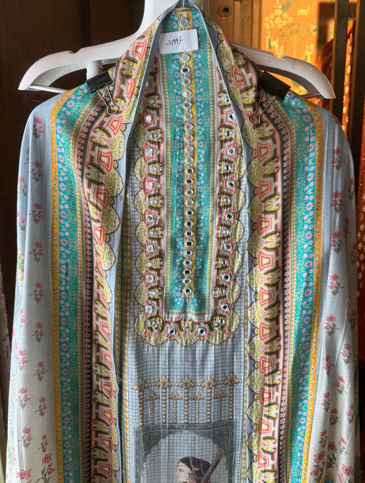 Soft digital printed muslin shirt with hardworking highlights on the neckline with very beautiful concept