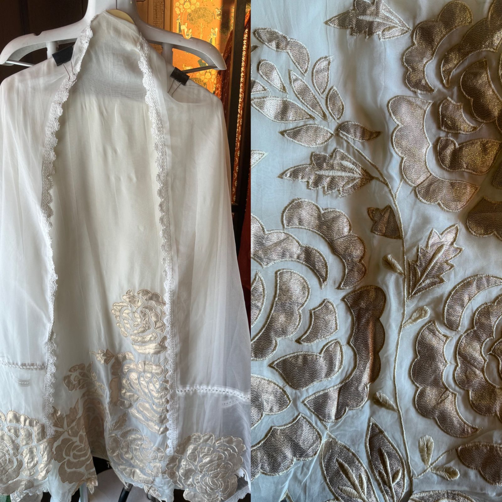 Soft organza Unstitched Shirt with Shimmer Patchwork done on the shirt front