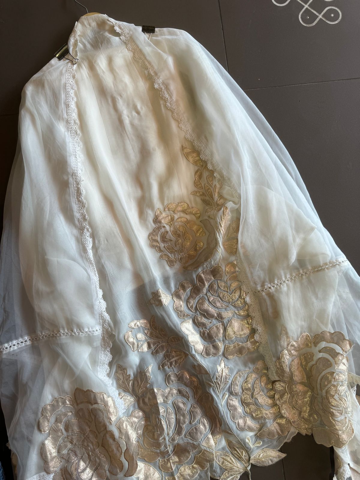 Soft organza Unstitched Shirt with Shimmer Patchwork done on the shirt front