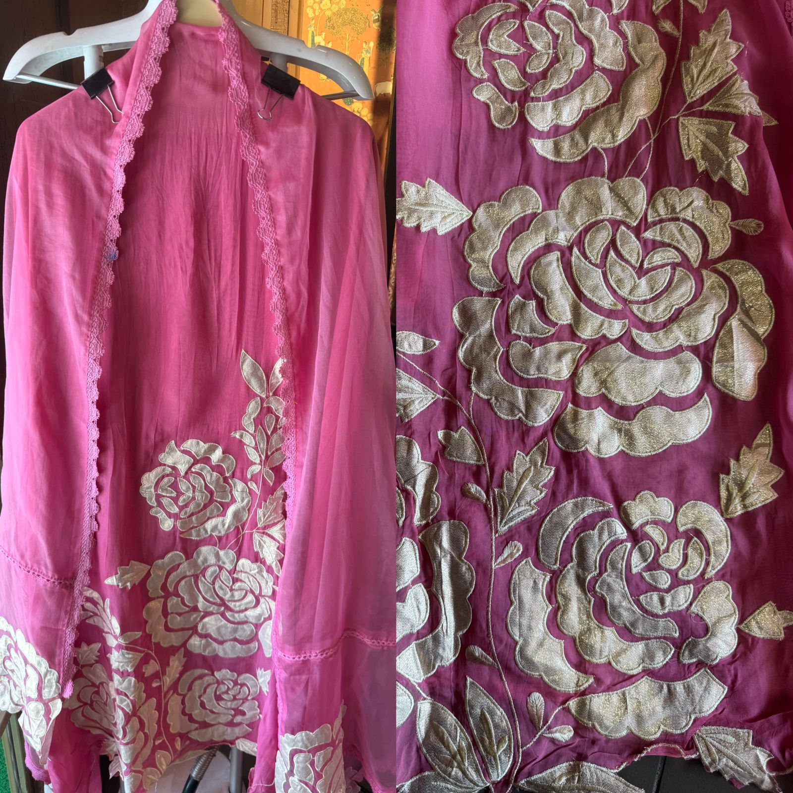 Soft organza Unstitched Shirt with Shimmer Patchwork done on the shirt front