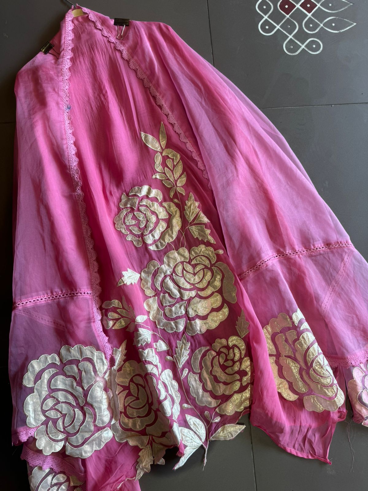 Soft organza Unstitched Shirt with Shimmer Patchwork done on the shirt front