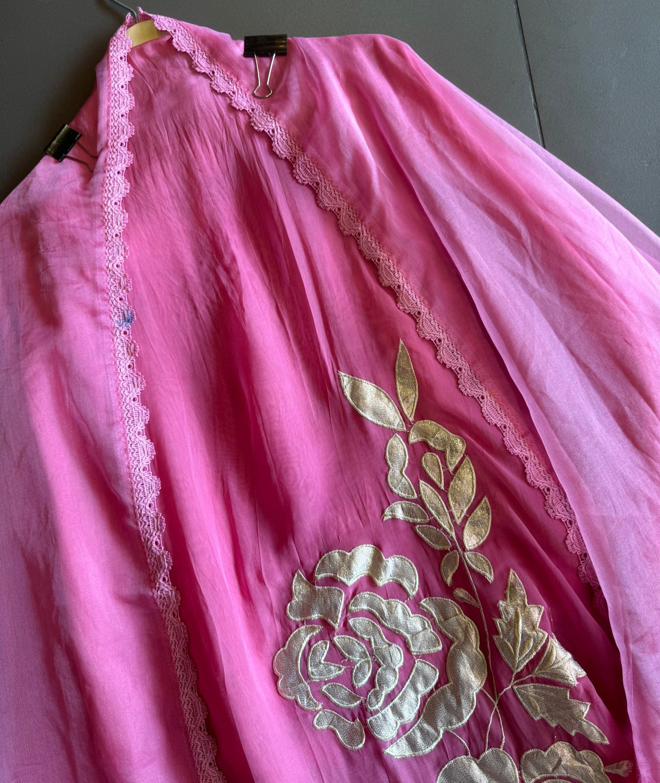 Soft organza Unstitched Shirt with Shimmer Patchwork done on the shirt front