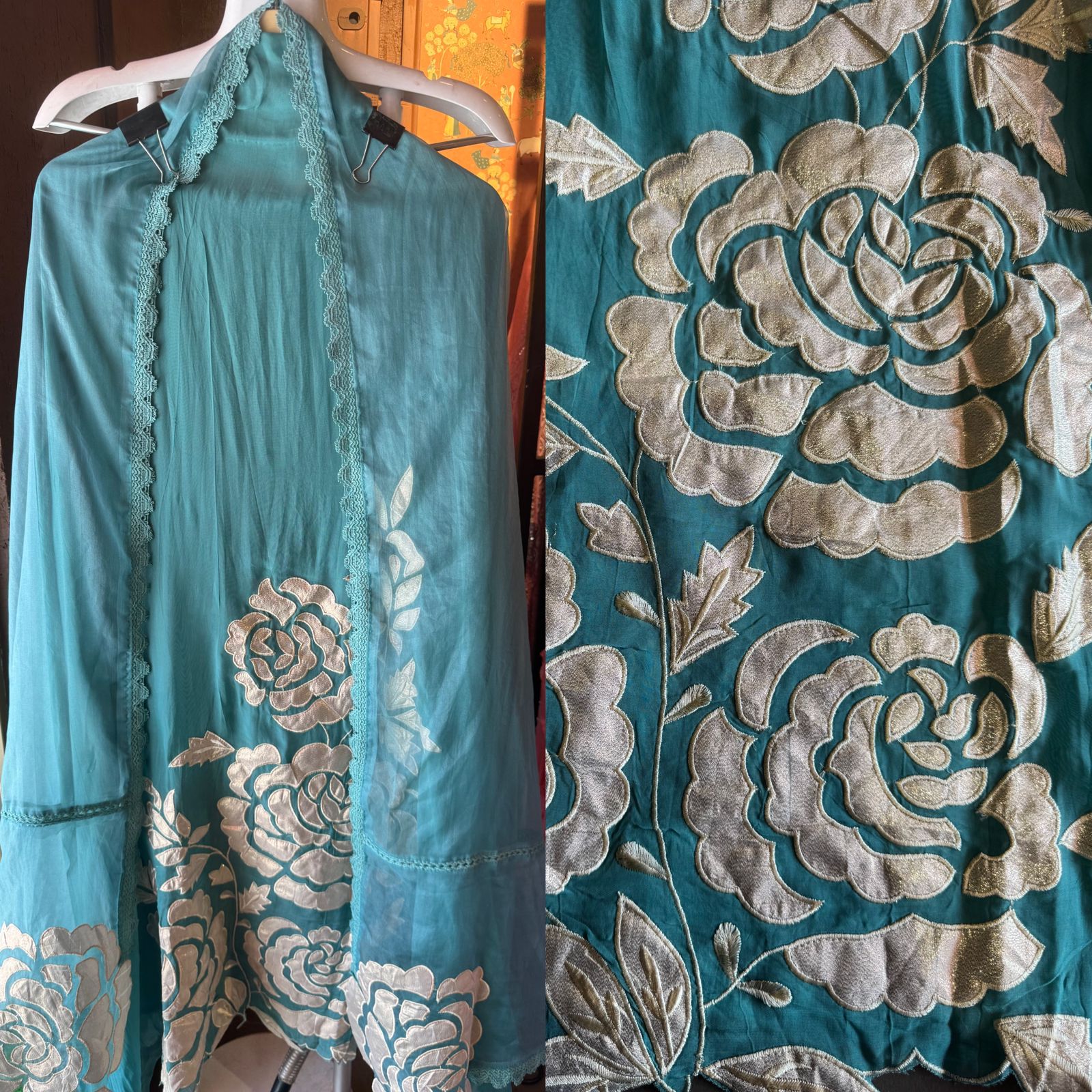 Soft organza Unstitched Shirt with Shimmer Patchwork done on the shirt front