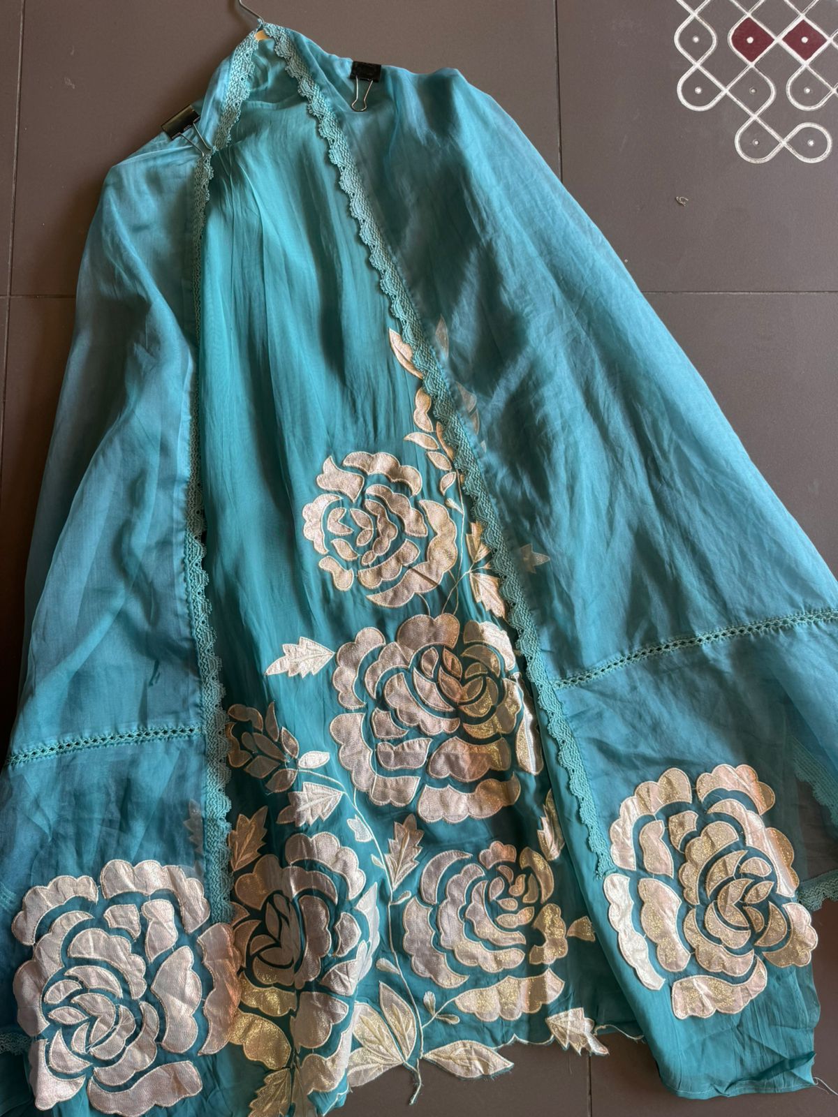 Soft organza Unstitched Shirt with Shimmer Patchwork done on the shirt front