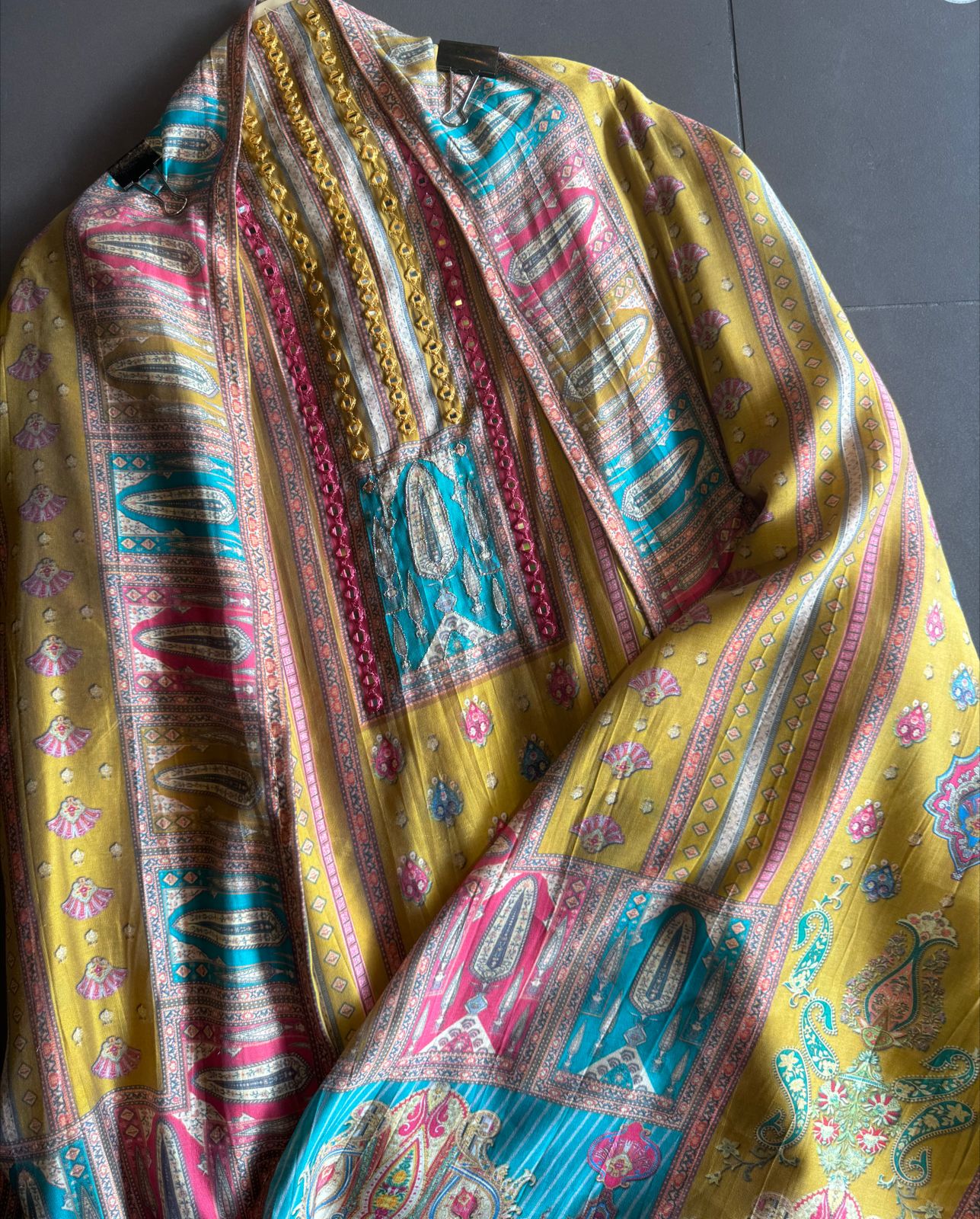 Pure Digital printed soft muslin shirt with Mirror detailings on the neckline