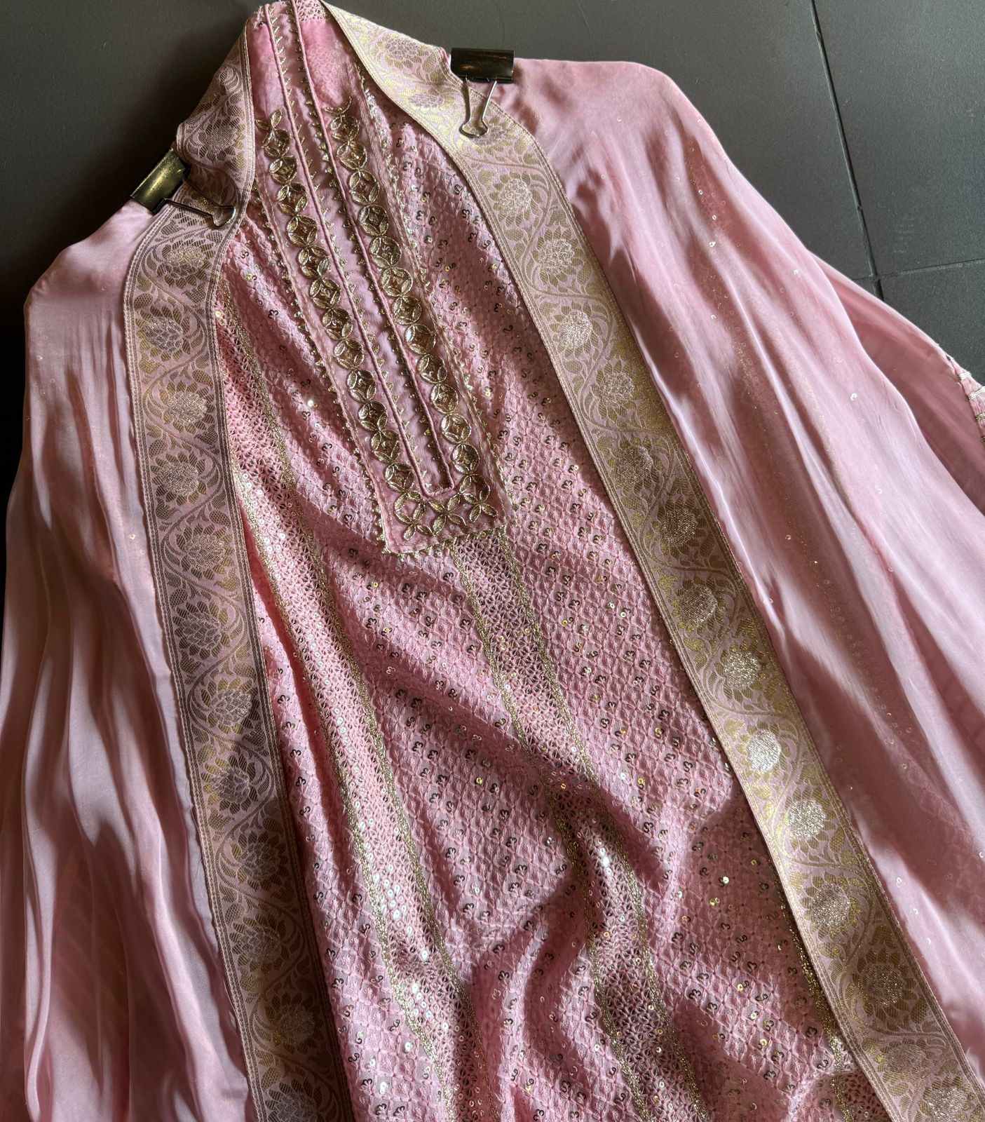 Soft and pure Georgette lakhnavi embroidered shirt with sequence and zari work