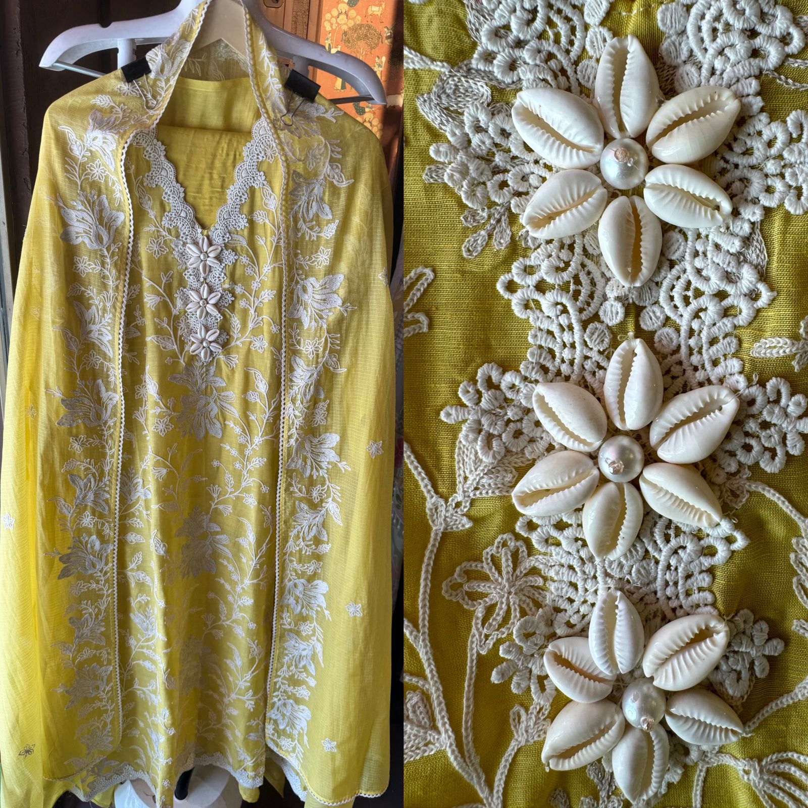 Soft linen cotton shirt (Unstitched)with crochia lace neck detailings with original