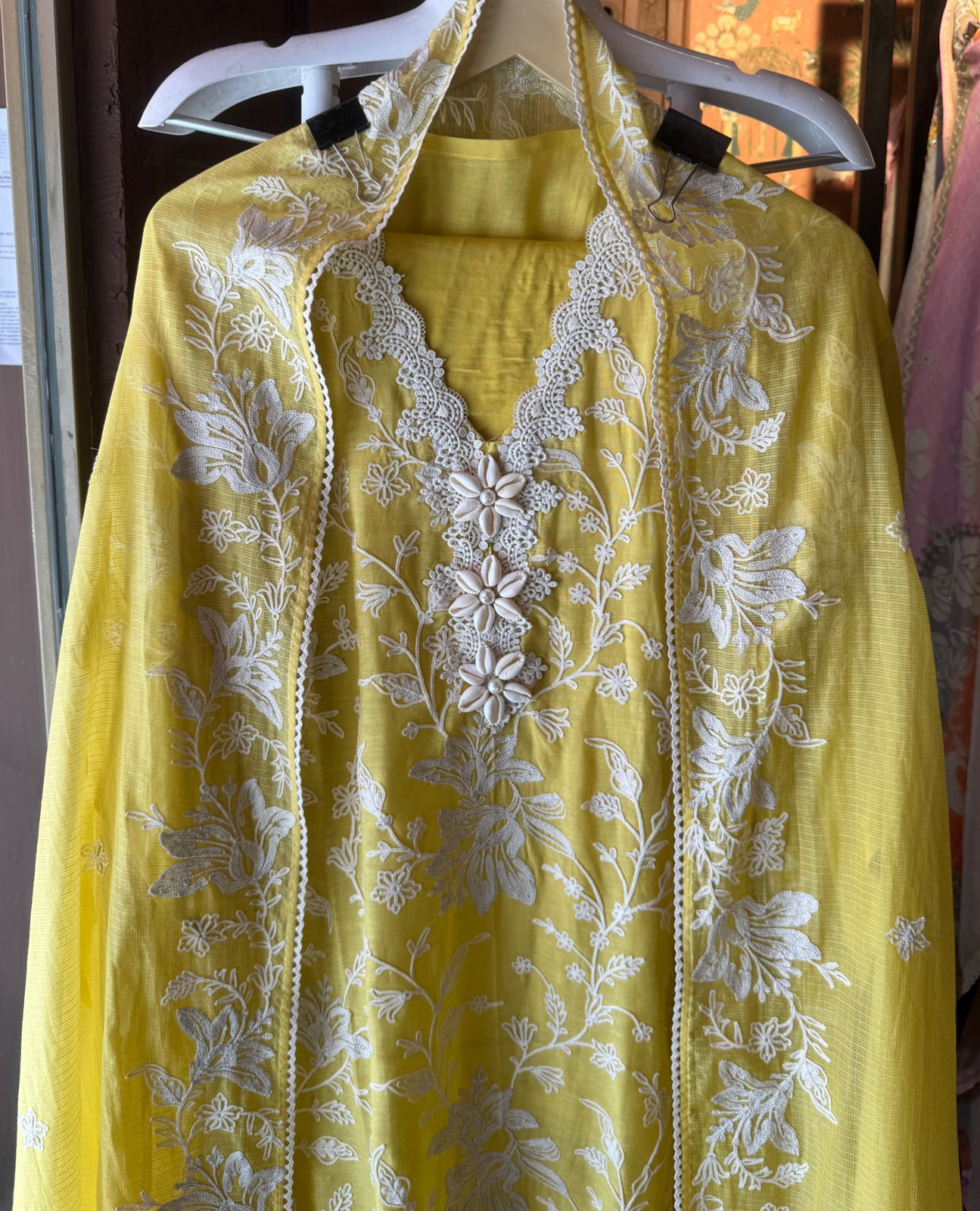 Soft linen cotton shirt (Unstitched)with crochia lace neck detailings with original