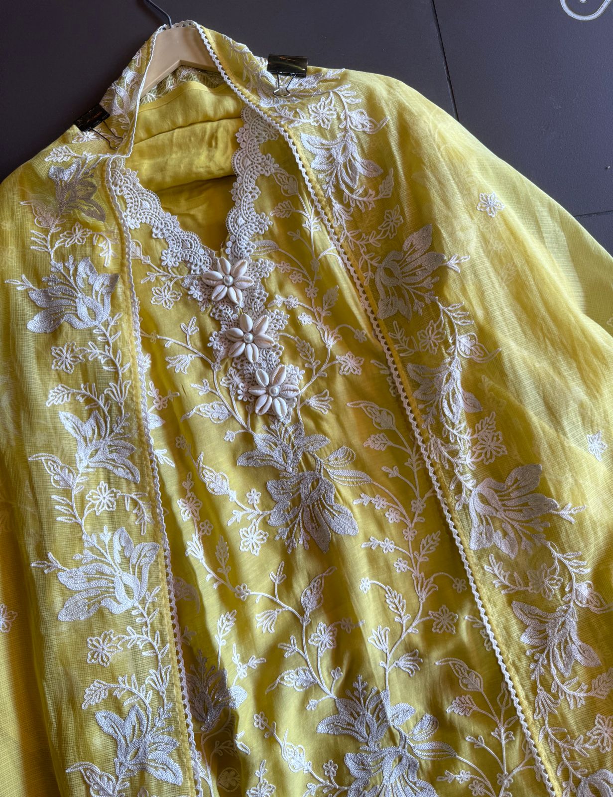 Soft linen cotton shirt (Unstitched)with crochia lace neck detailings with original