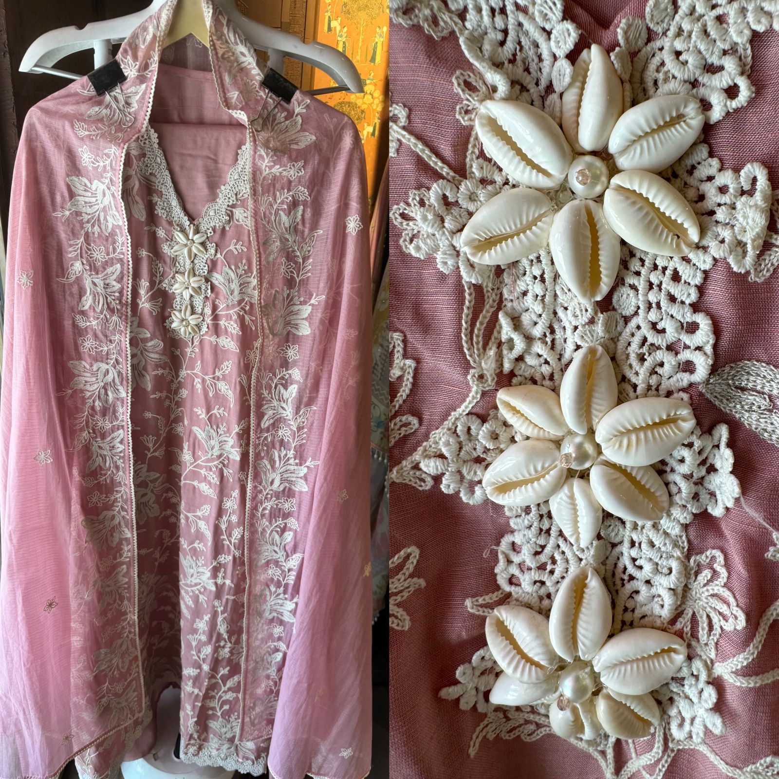 Soft linen cotton shirt (Unstitched)with crochia lace neck detailings with original