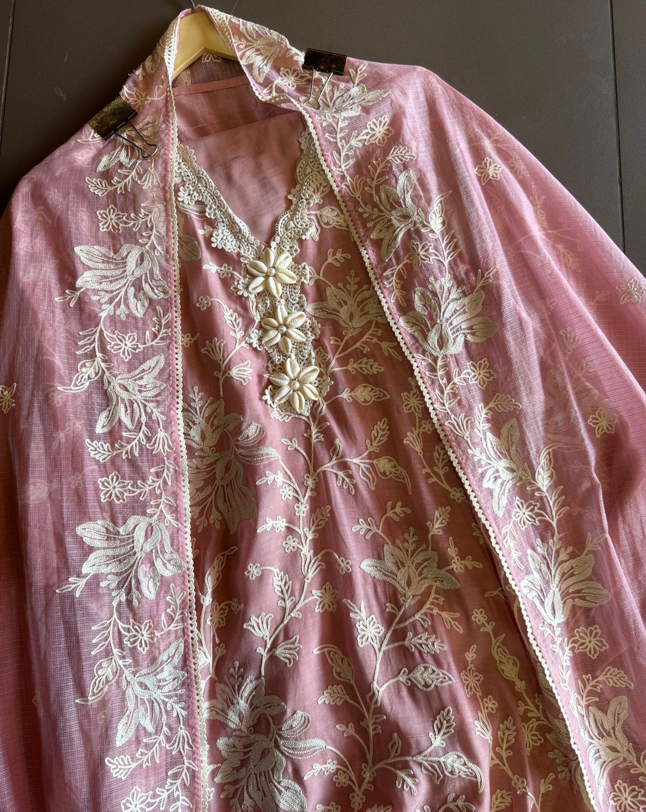 Soft linen cotton shirt (Unstitched)with crochia lace neck detailings with original