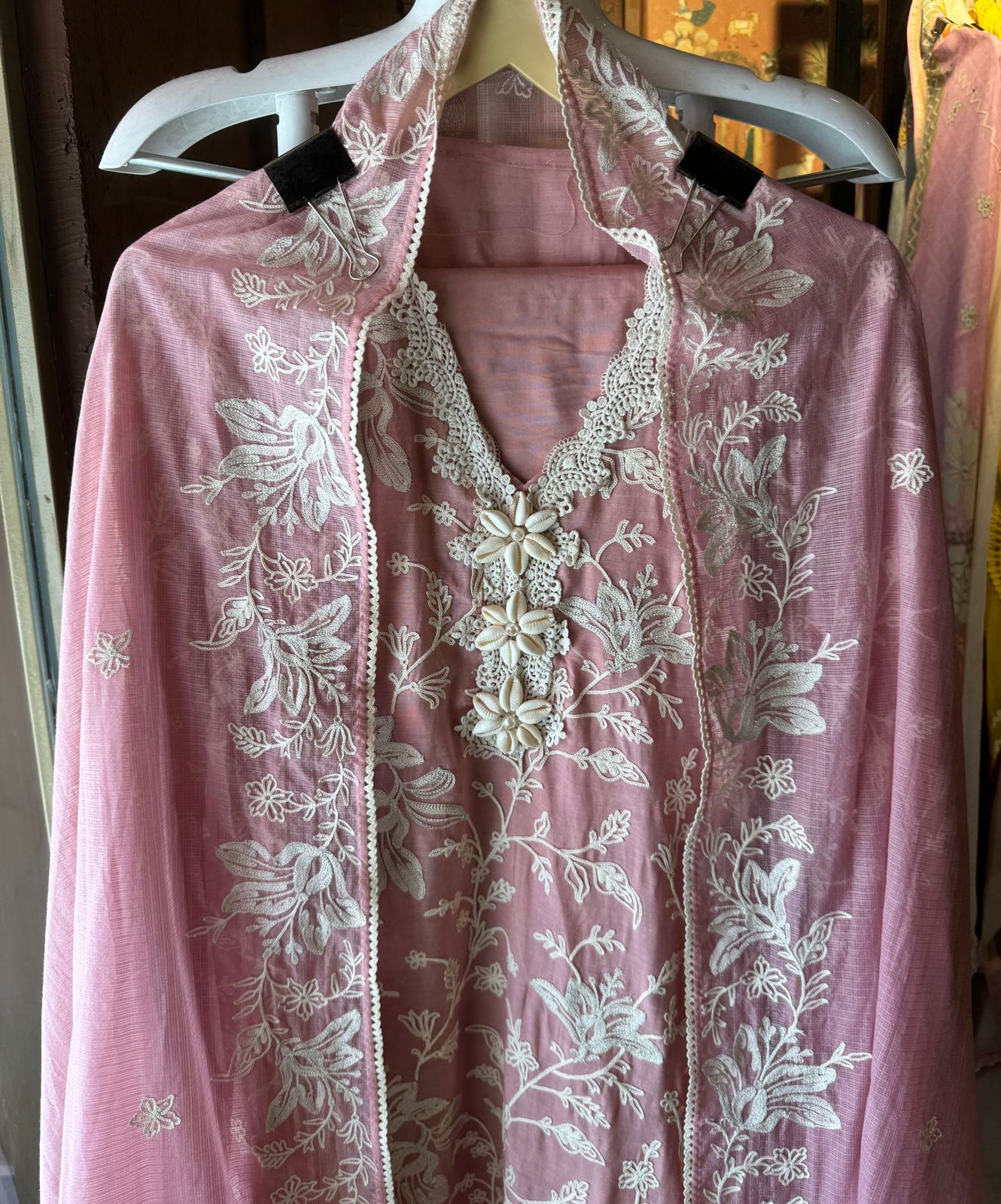 Soft linen cotton shirt (Unstitched)with crochia lace neck detailings with original