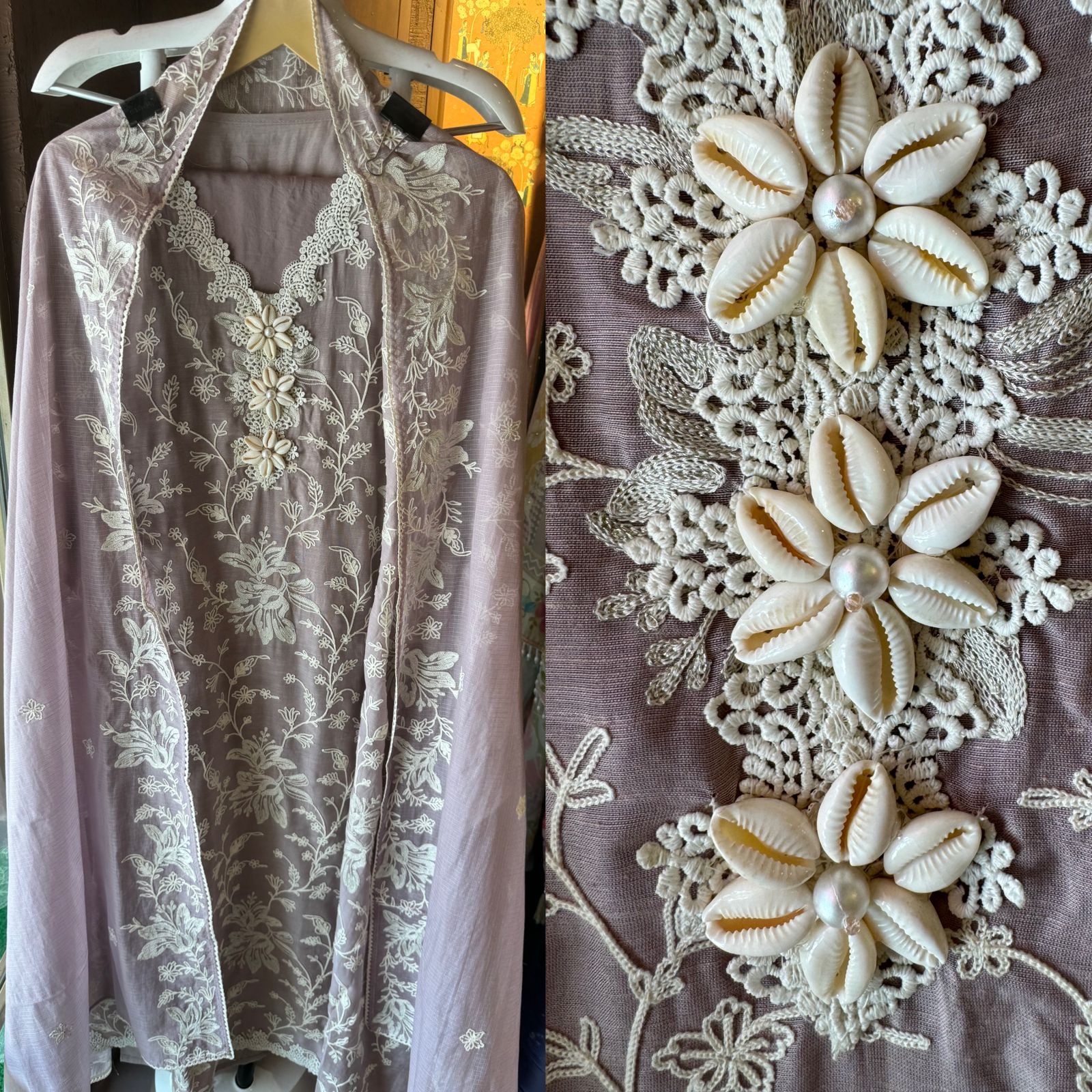 Soft linen cotton shirt (Unstitched)with crochia lace neck detailings with original