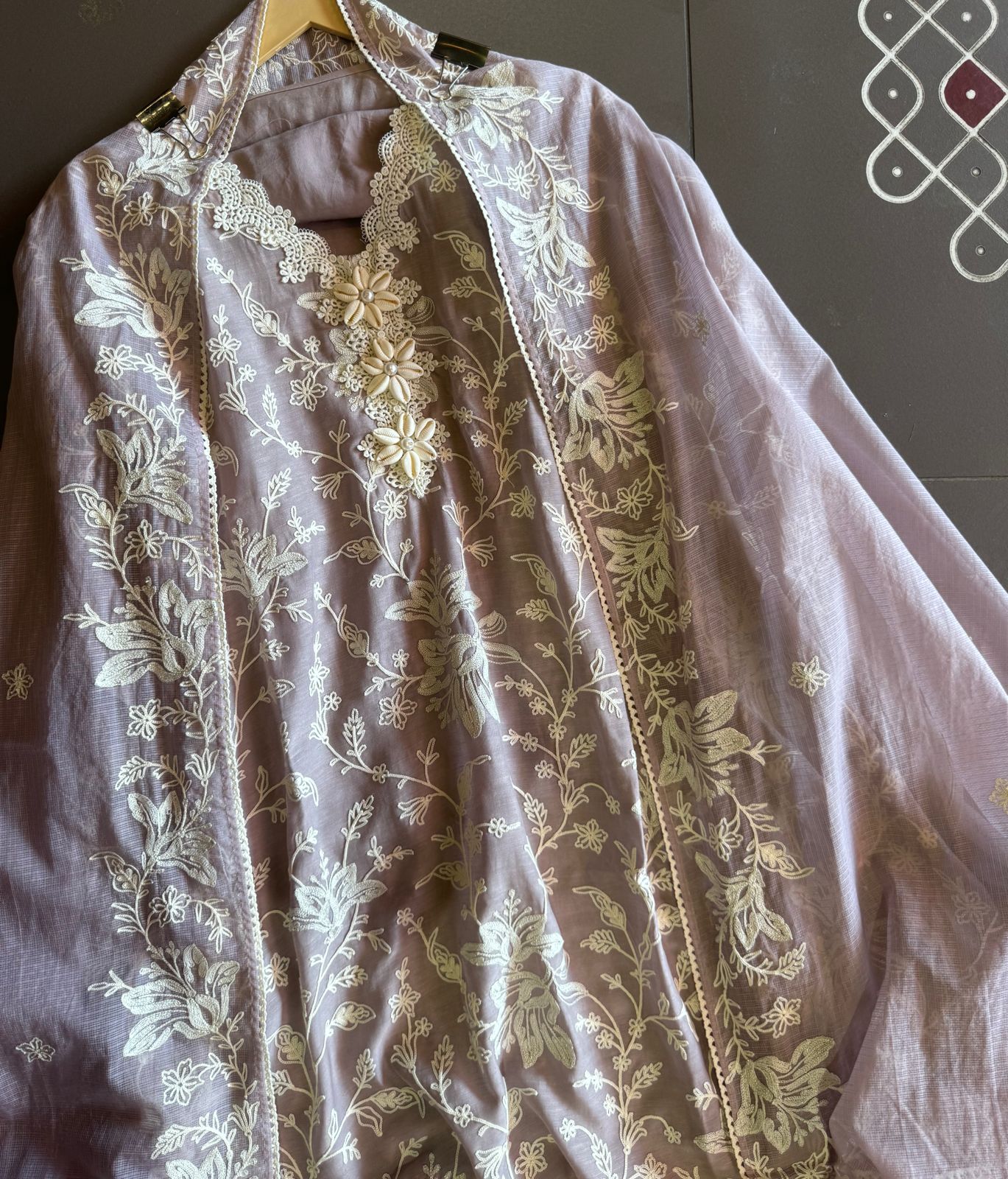 Soft linen cotton shirt (Unstitched)with crochia lace neck detailings with original