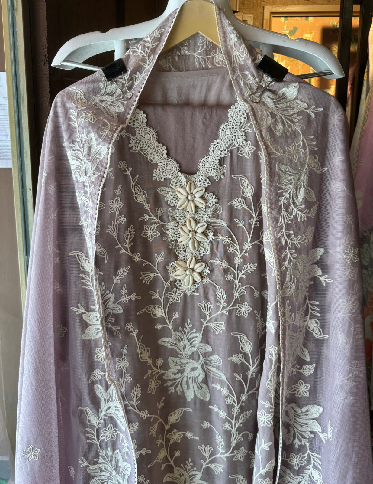 Soft linen cotton shirt (Unstitched)with crochia lace neck detailings with original