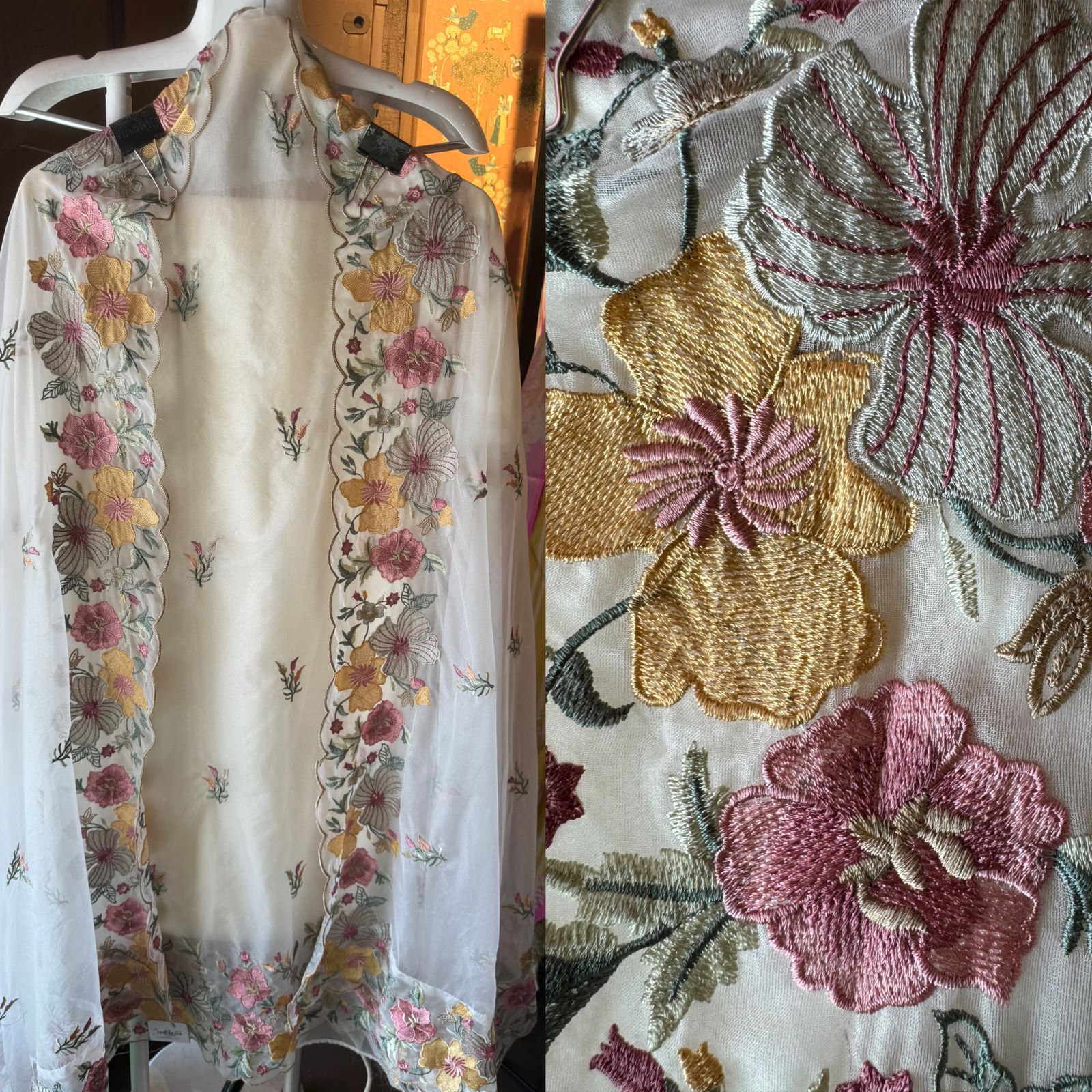 Pure organza shirt unstitched shirt with Floral thread embroidery on the daaman