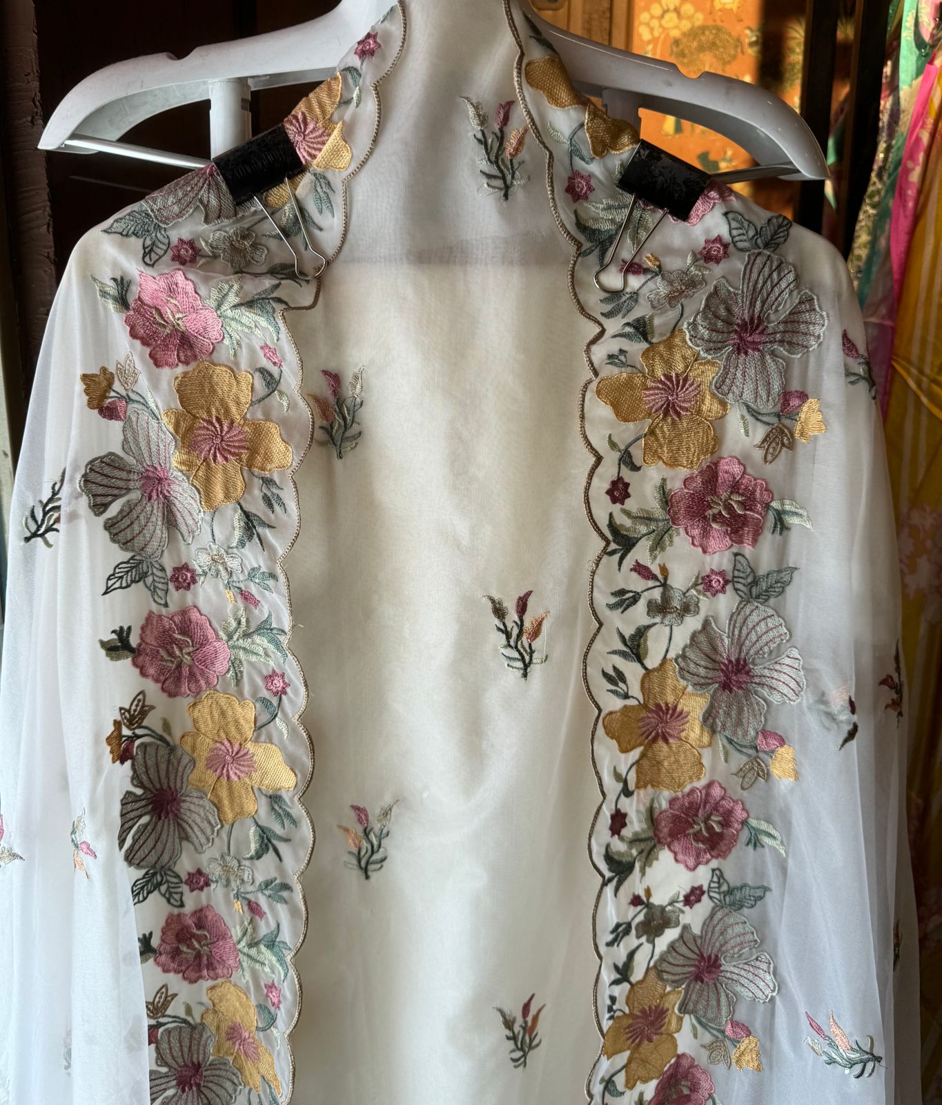 Pure organza shirt unstitched shirt with Floral thread embroidery on the daaman