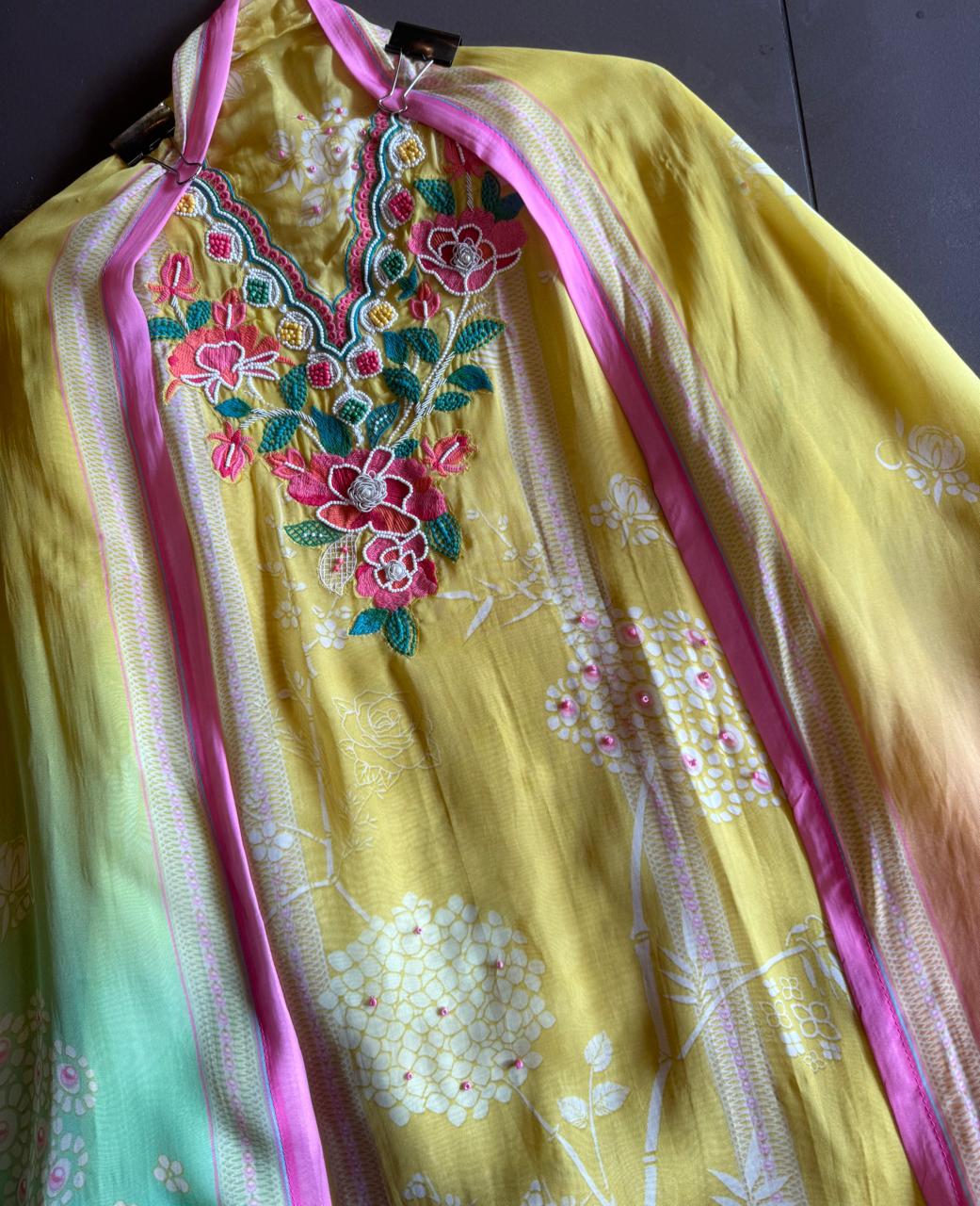 Soft organza digital printed shirt floral print , the shirt is Tri colour (Summerish colours)