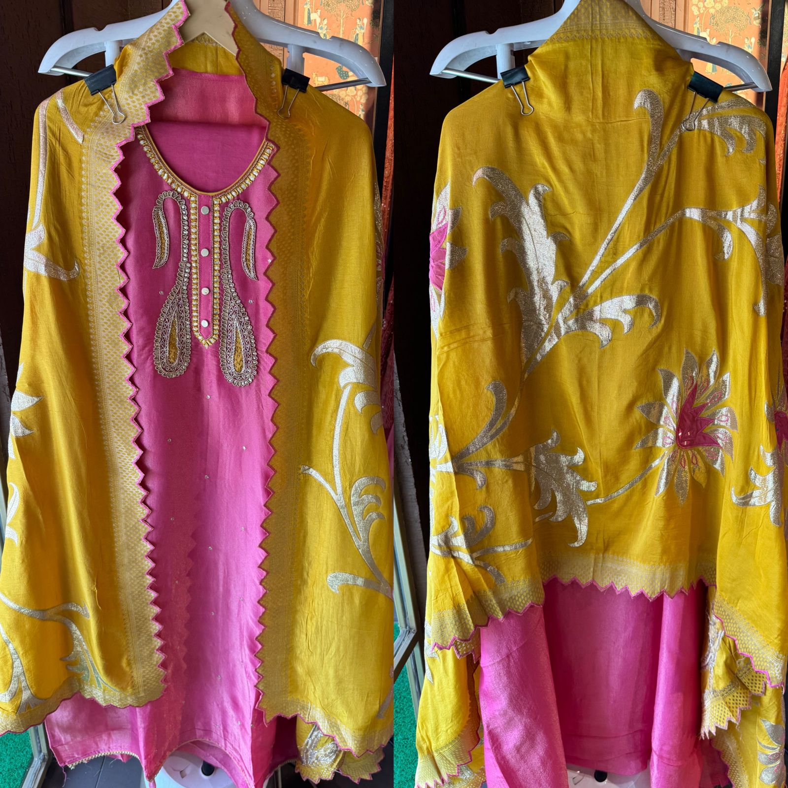 Pure shimmer tissue unstitched shirt full in size with Moti work done