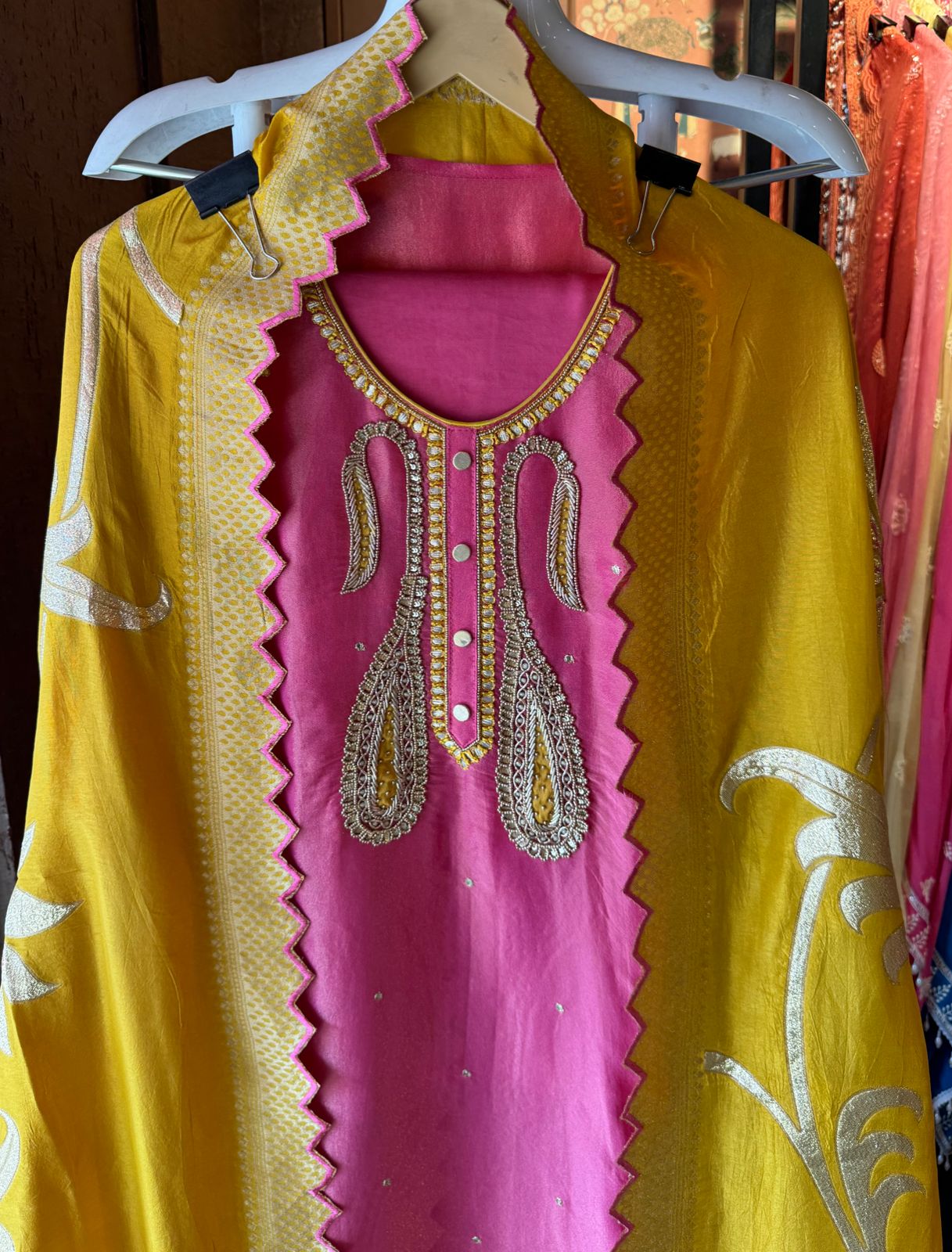 Pure shimmer tissue unstitched shirt full in size with Moti work done