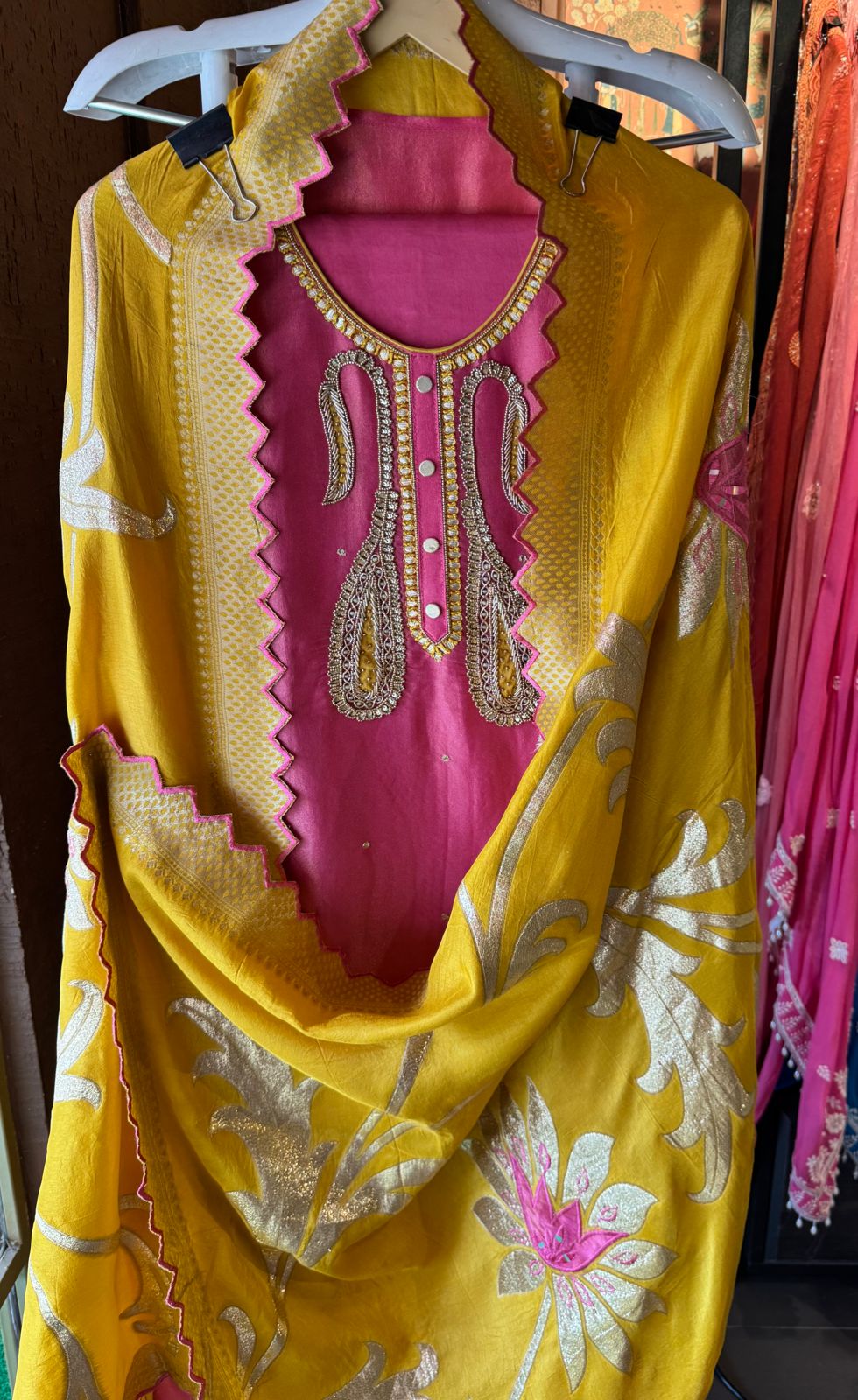 Pure shimmer tissue unstitched shirt full in size with Moti work done