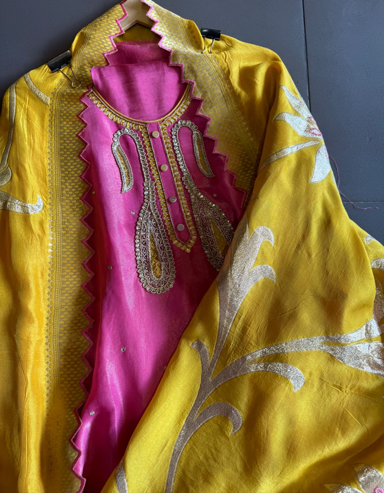 Pure shimmer tissue unstitched shirt full in size with Moti work done