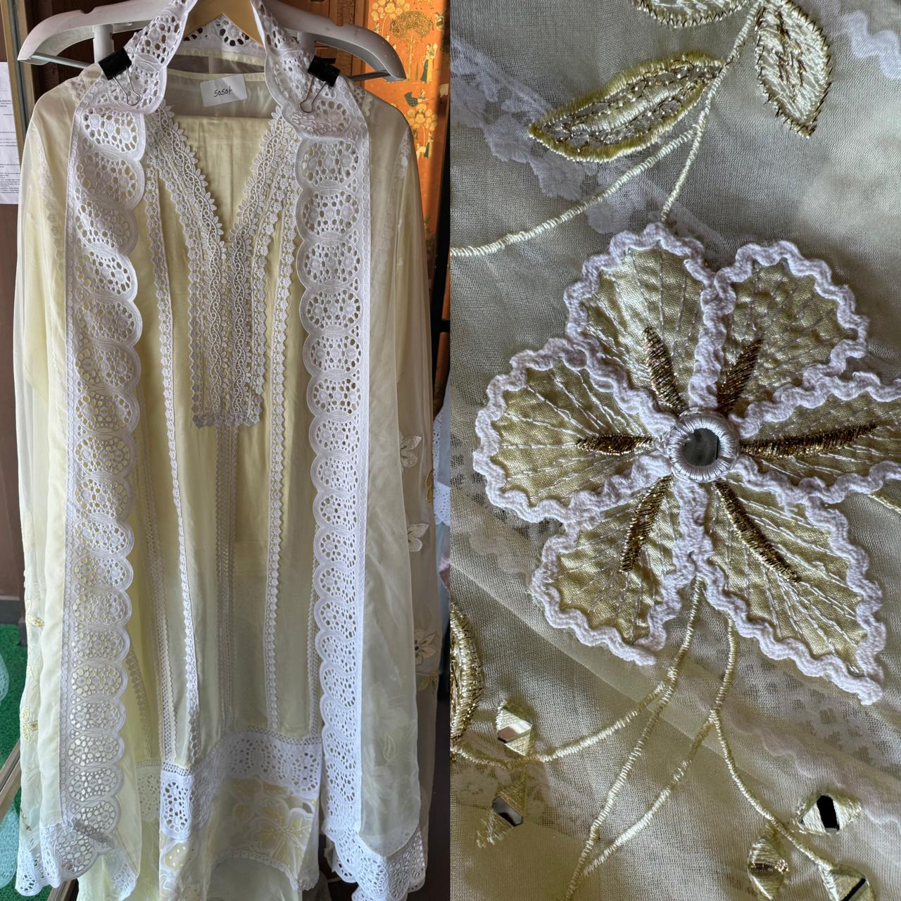 Soft organza unstitched suits with heavy crochia lace work detailings on the shirt