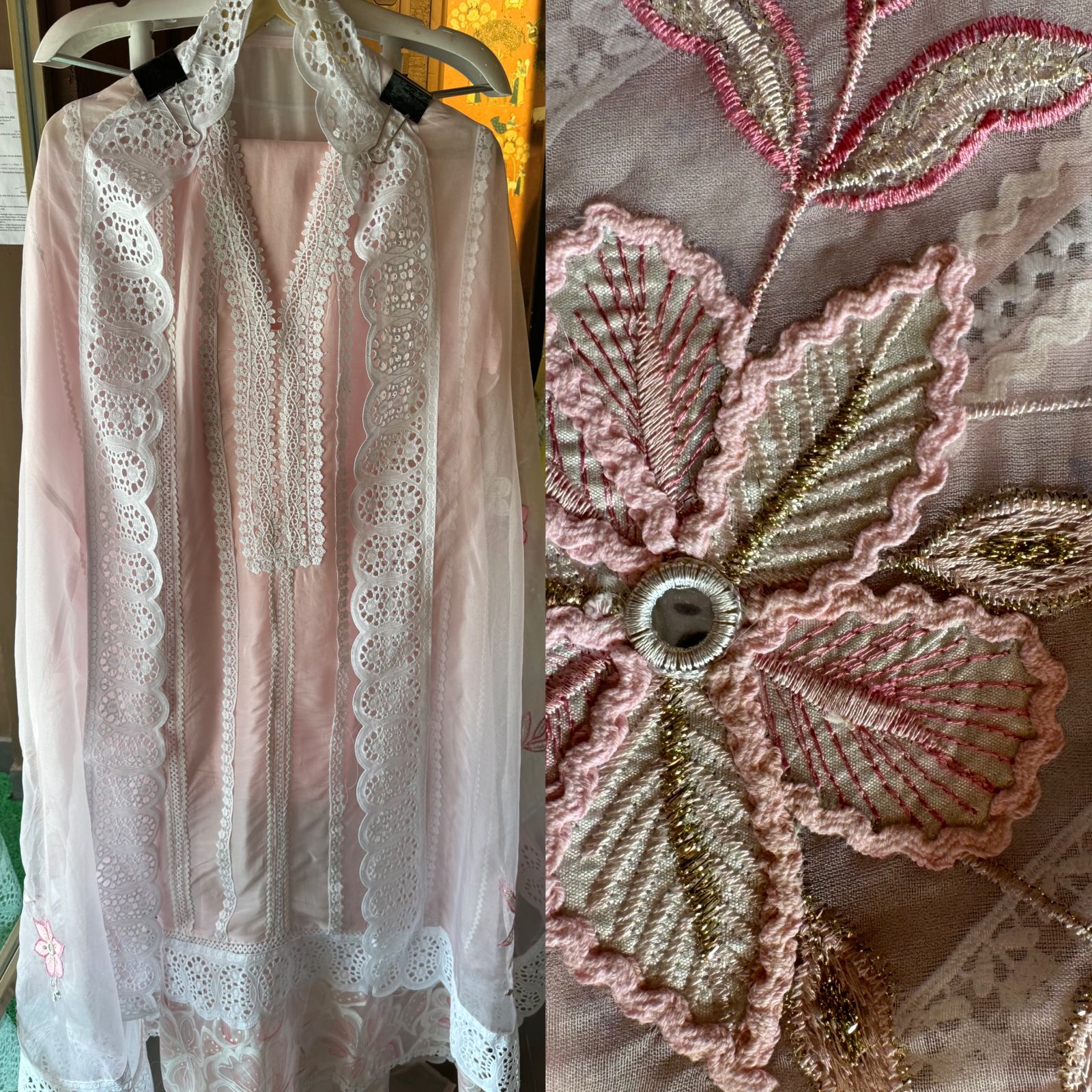 Soft organza unstitched suits with heavy crochia lace work detailings on the shirt