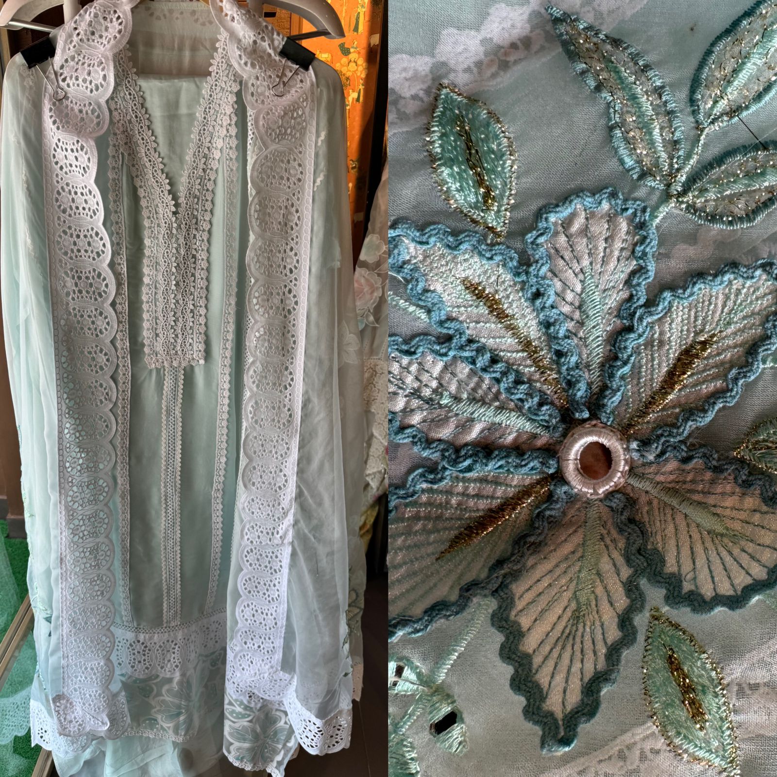 Soft organza unstitched suits with heavy crochia lace work detailings on the shirt