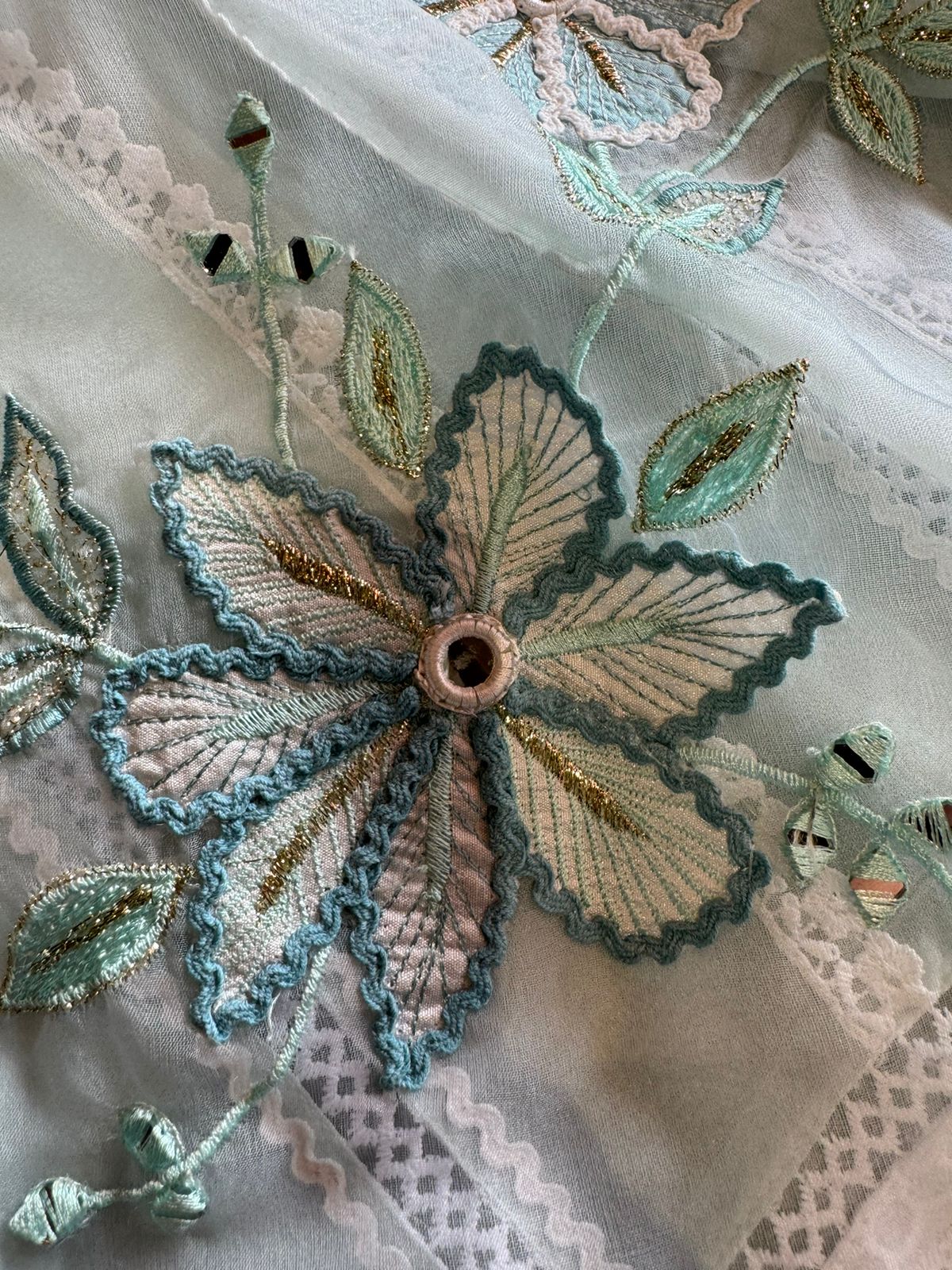 Soft organza unstitched suits with heavy crochia lace work detailings on the shirt