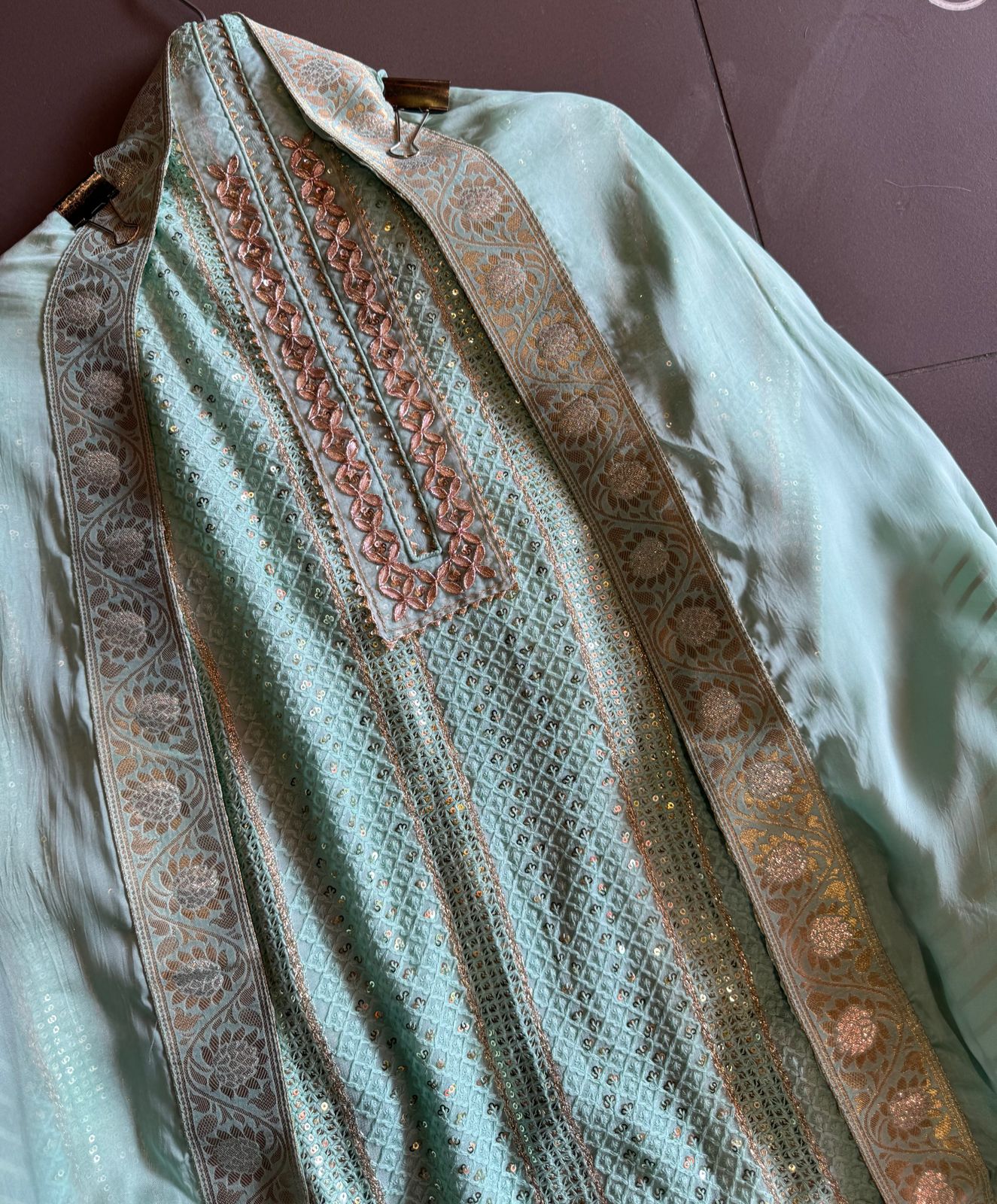 Soft and pure Georgette lakhnavi embroidered shirt with sequence and zari work