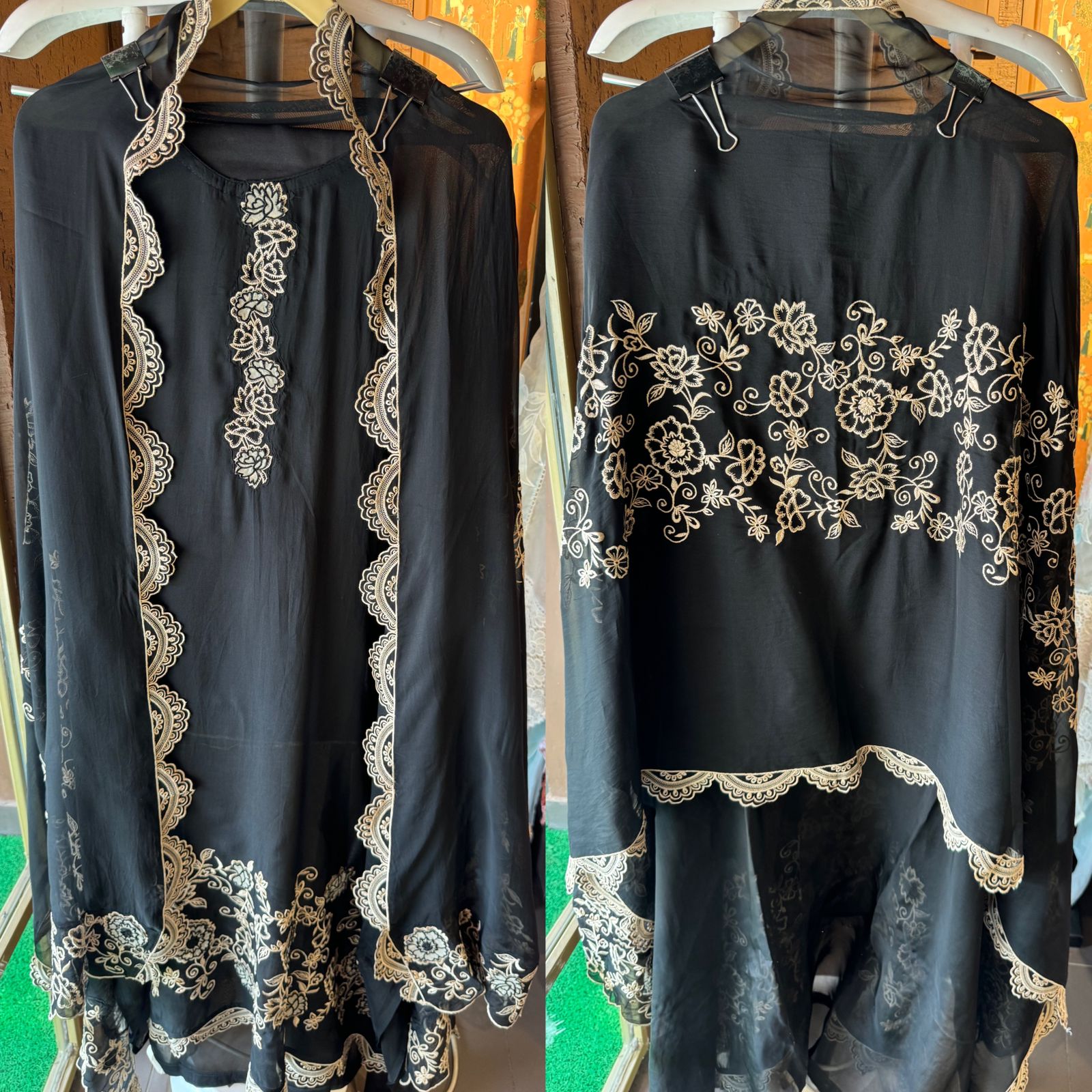 Soft organza unstitched full size Shirt with beautiful thread embroidered concept with neck Patti