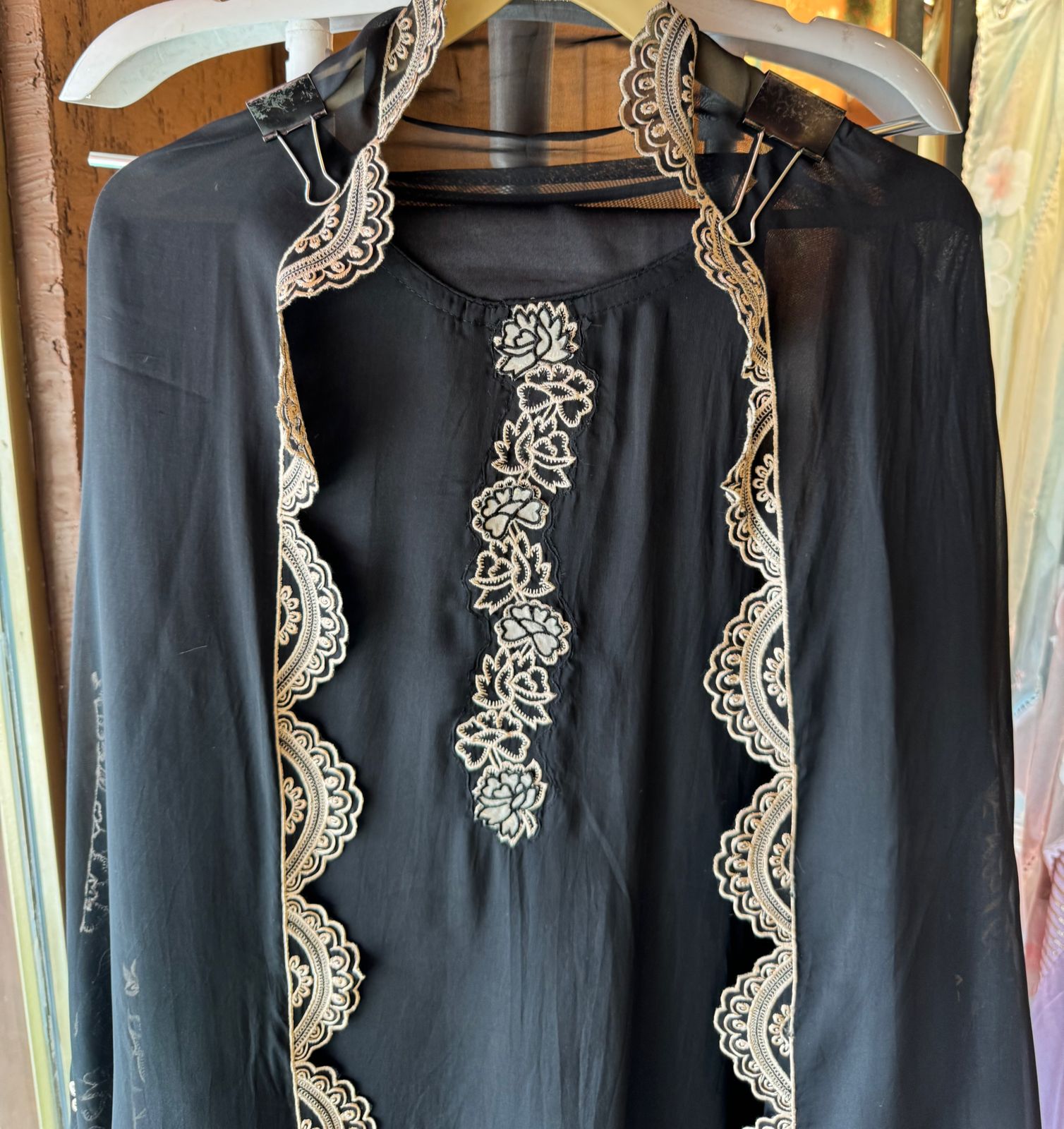 Soft organza unstitched full size Shirt with beautiful thread embroidered concept with neck Patti