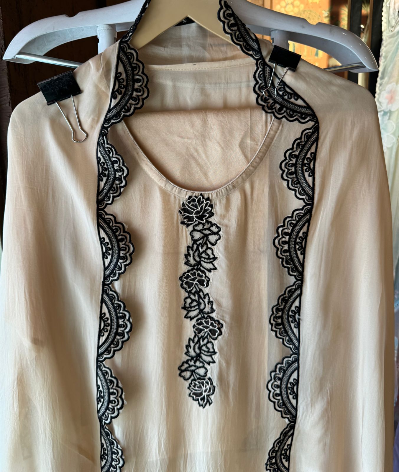 Soft organza unstitched full size Shirt with beautiful thread embroidered concept with neck Patti