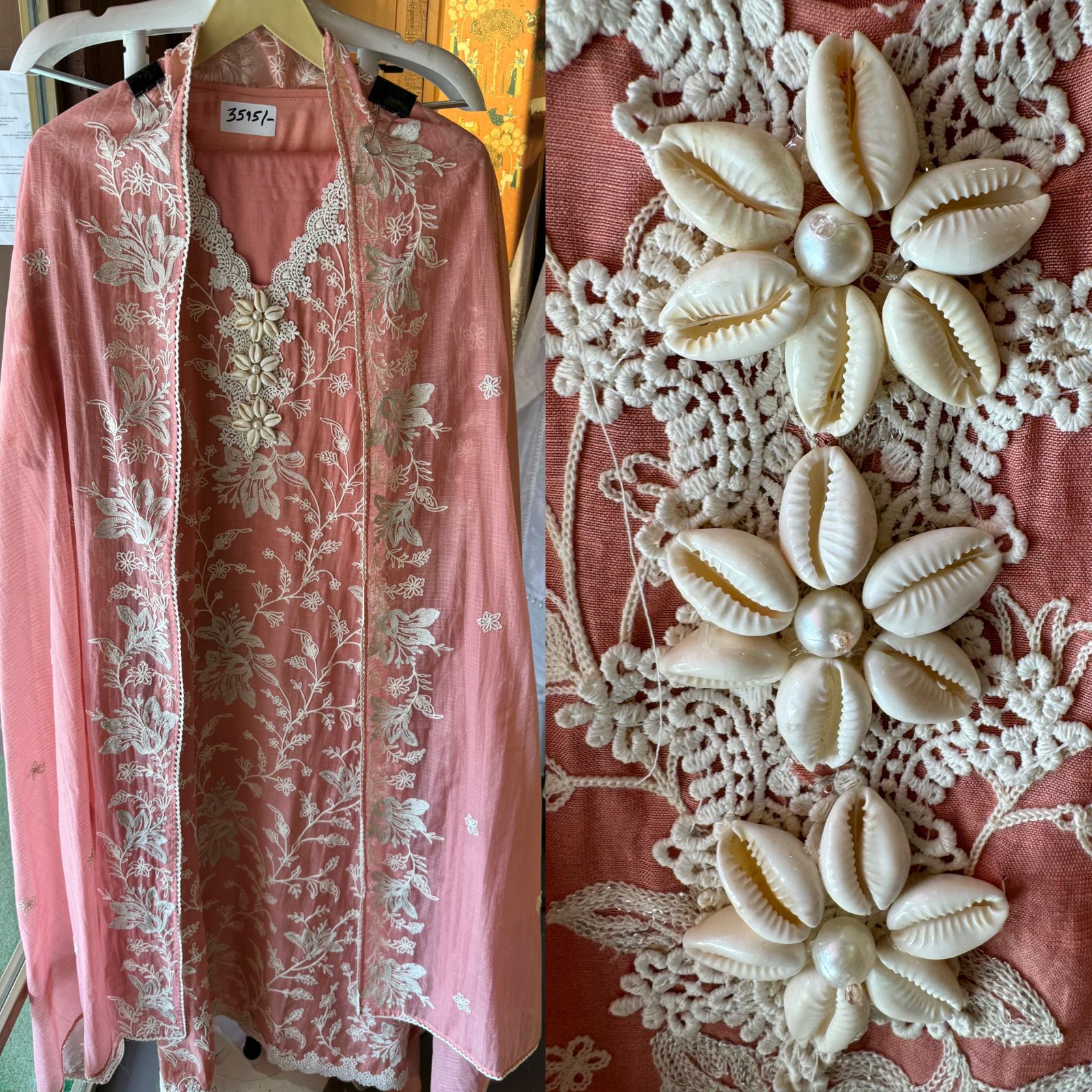 Soft linen cotton shirt (Unstitched)with crochia lace neck